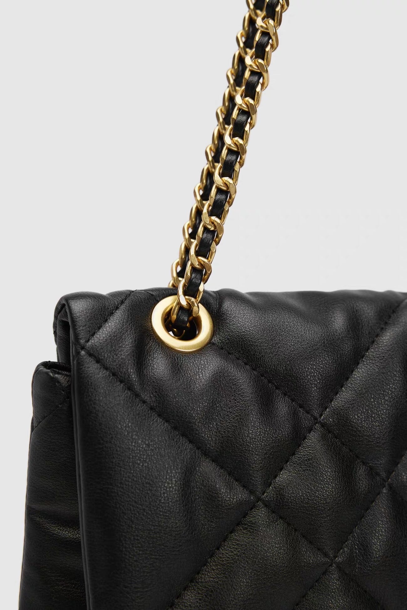 Black Quilted Shoulder Bag - Gold Chain