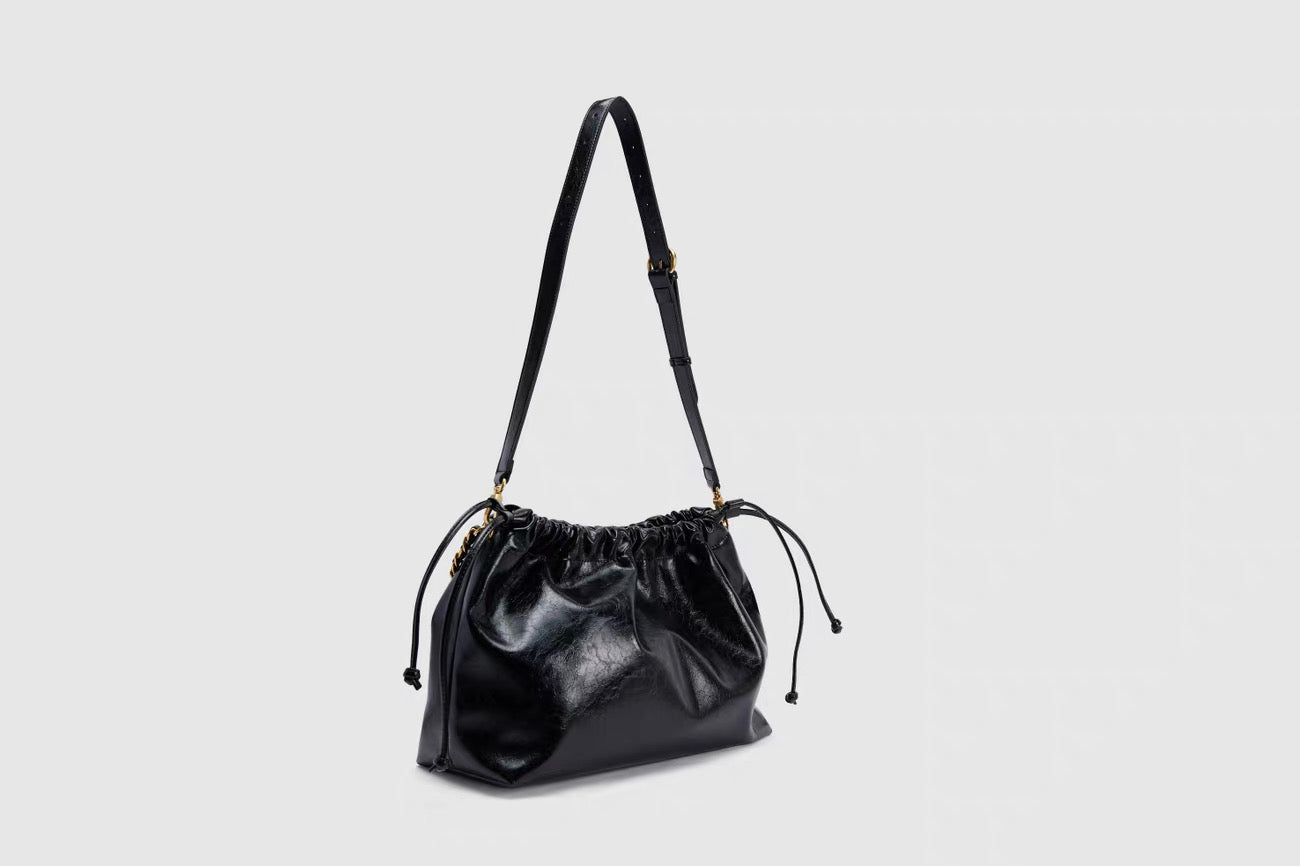 Black Leather Hobo Bag - Gold Chain