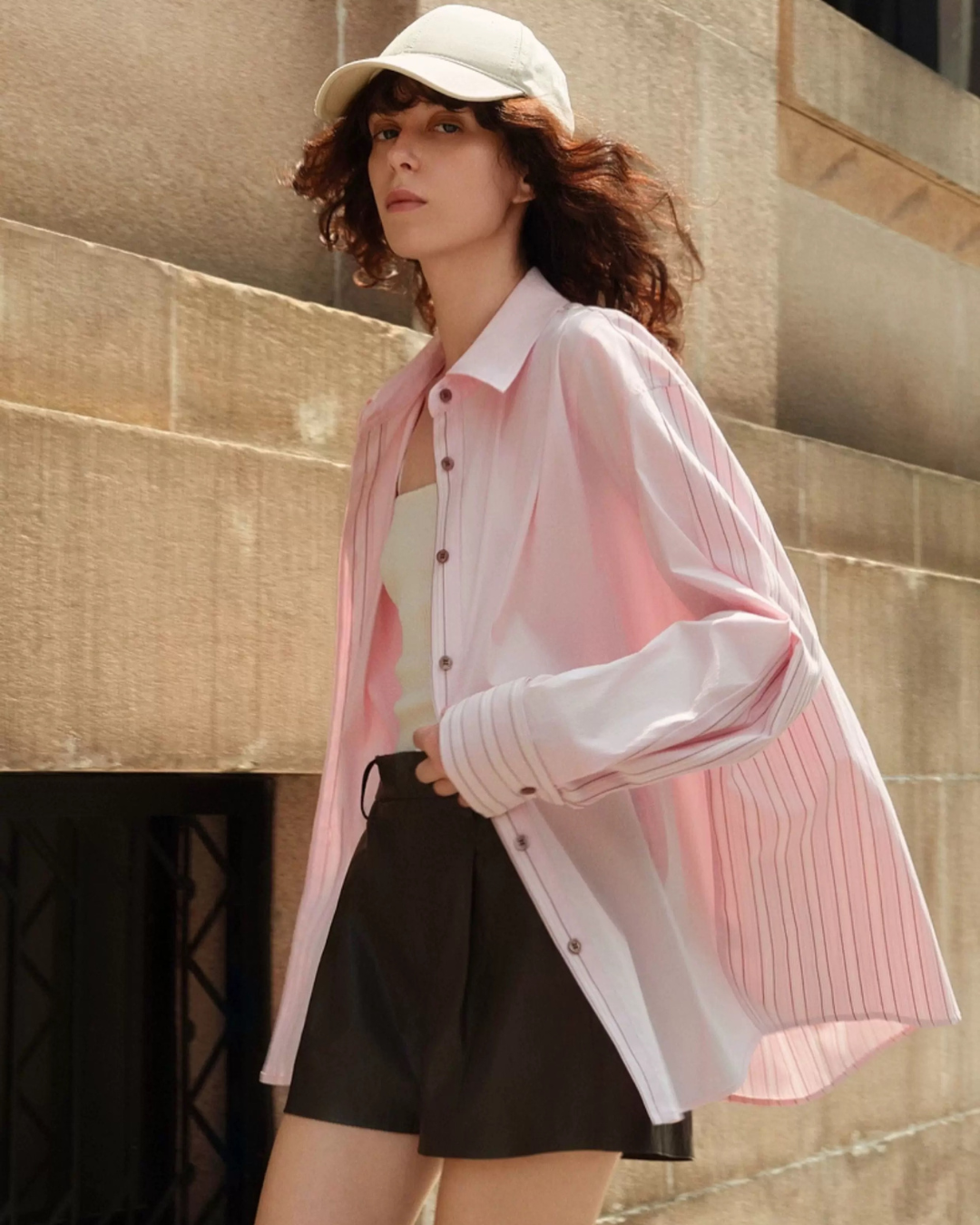 Pale Pink Oversize Cotton Shirt with Asymmetrical Touch
