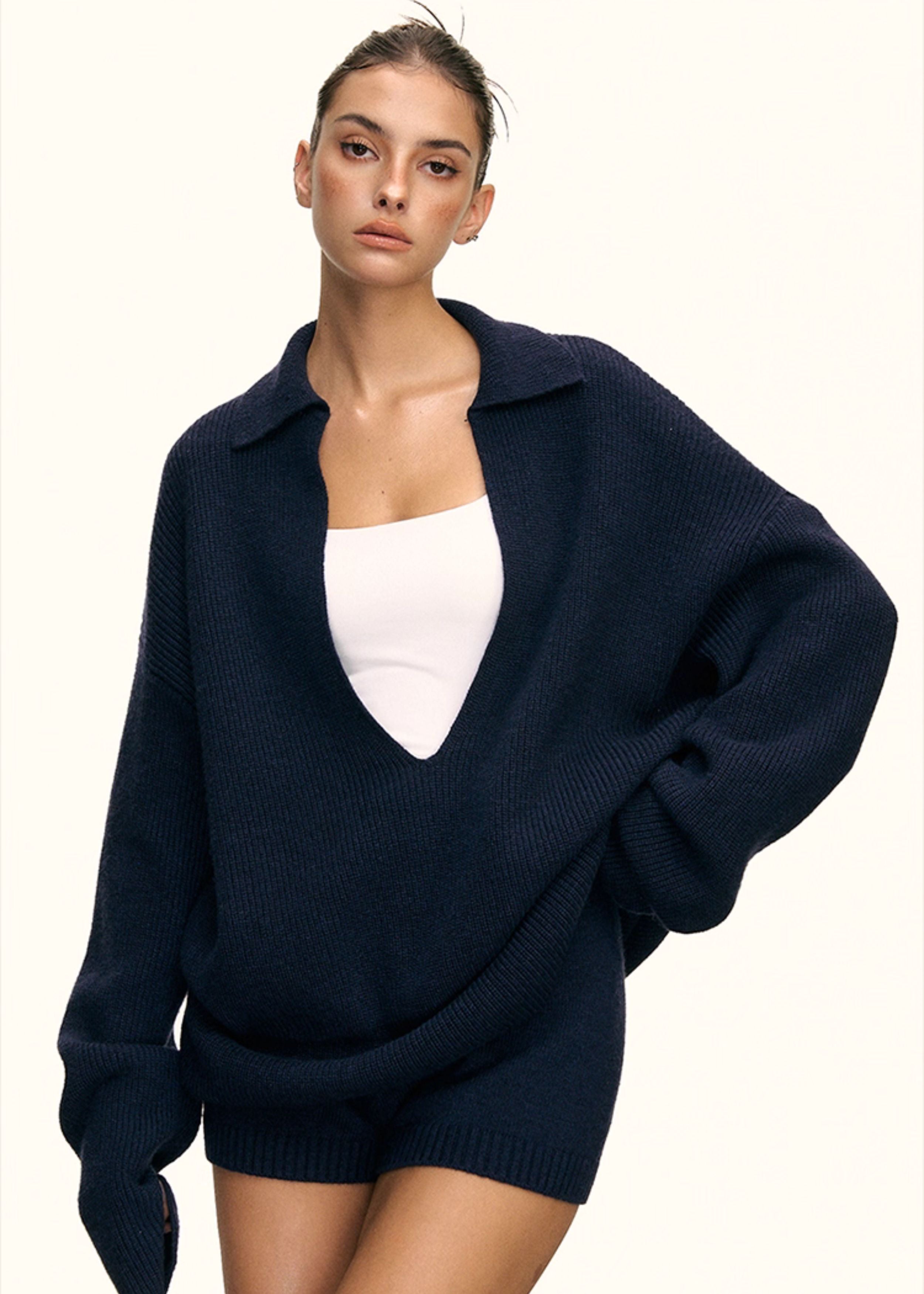 Navy Blue V-Neck Ribbed Sweater & Shorts Set