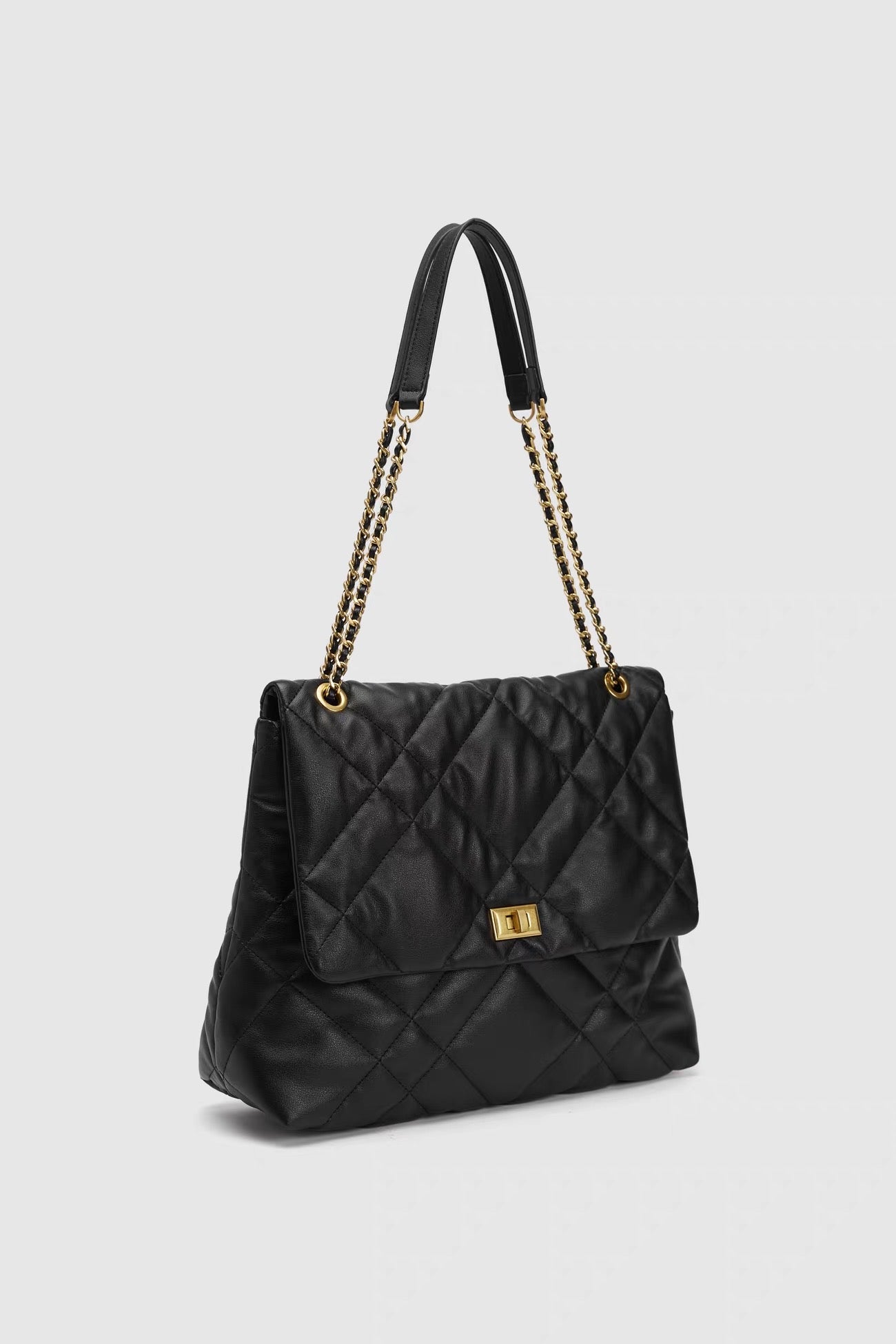 Black Quilted Shoulder Bag - Gold Chain