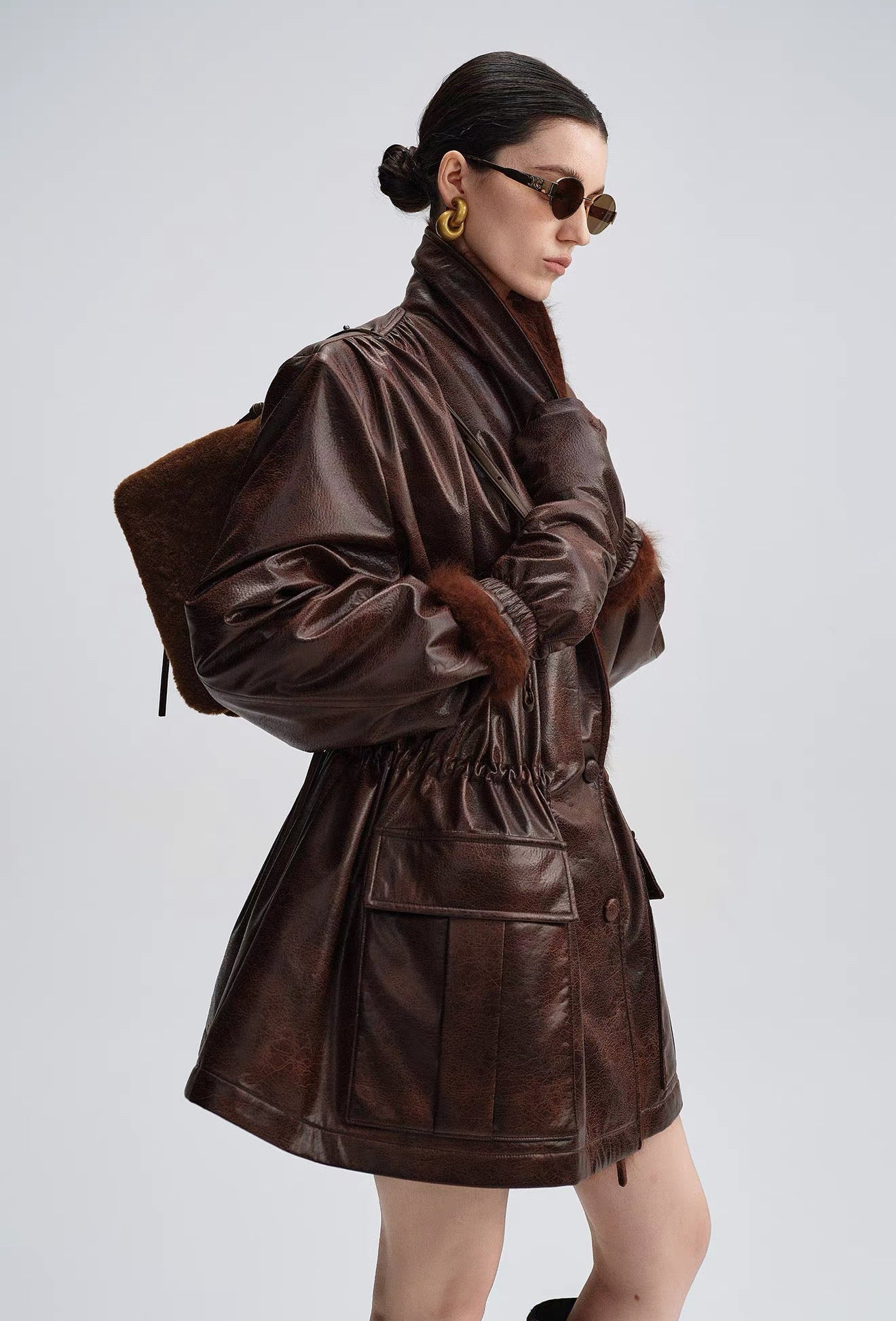 Caramel Brown Down Jacket with Fur Collar