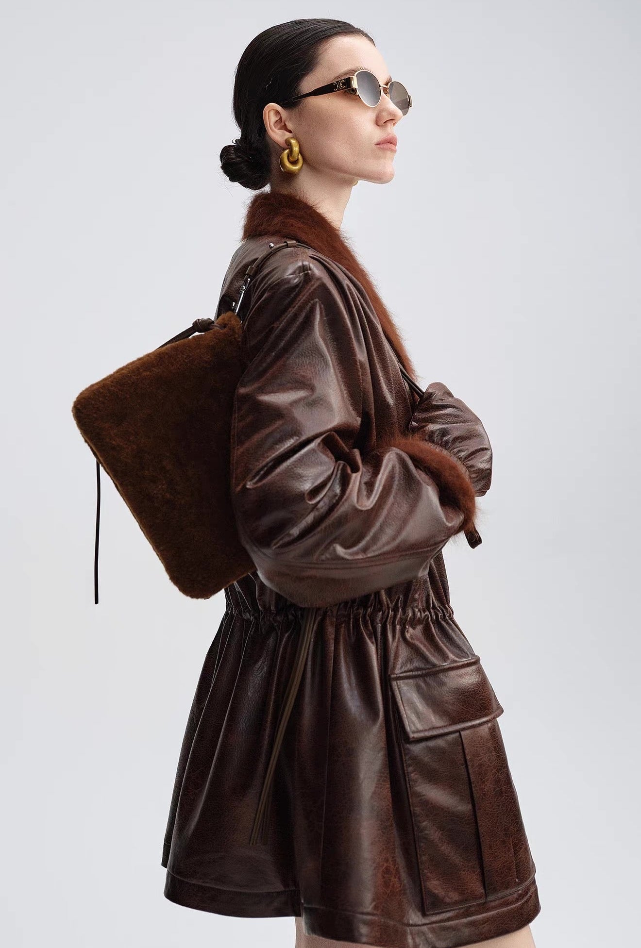 Caramel Brown Down Jacket with Fur Collar