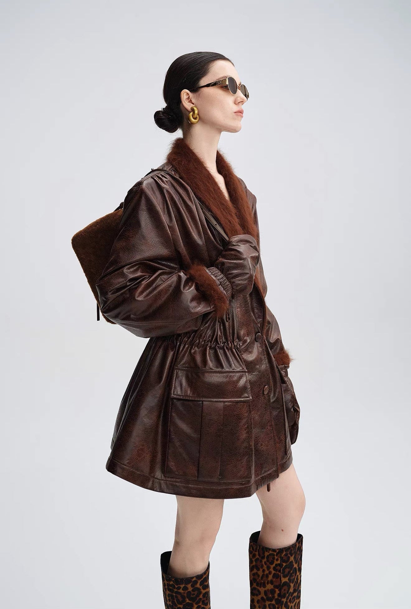 Caramel Brown Down Jacket with Fur Collar