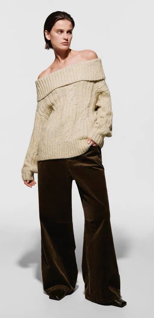 Cozy Off-Shoulder Cable Knit Sweater