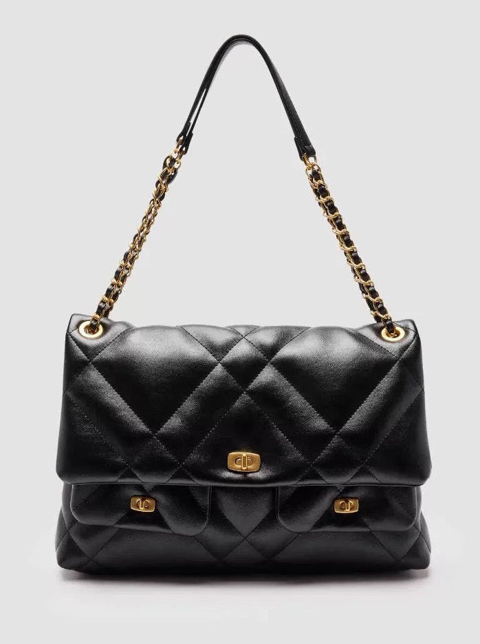 Black Quilted Shoulder Bag - Gold Chain