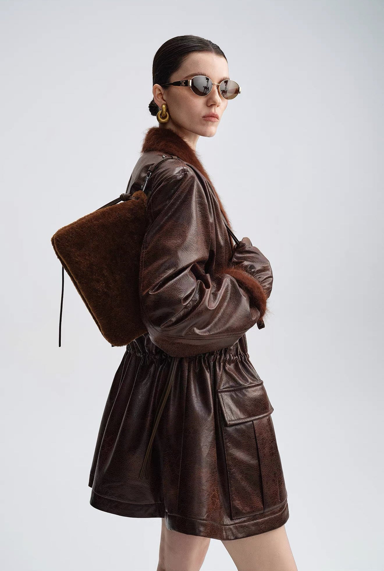 Caramel Brown Down Jacket with Fur Collar