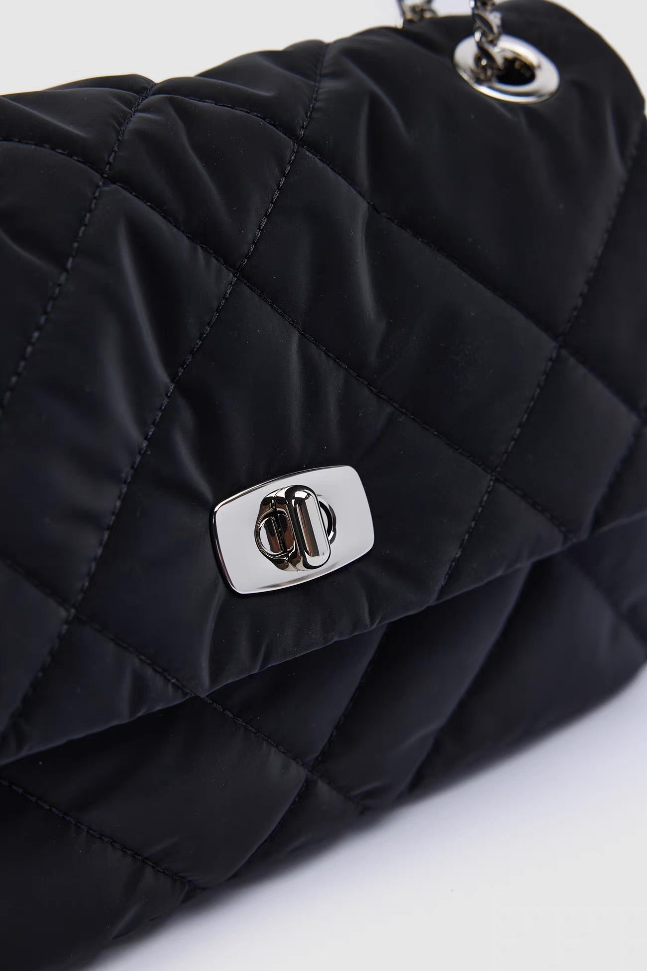 Black Quilted Shoulder Bag - Silver Chain