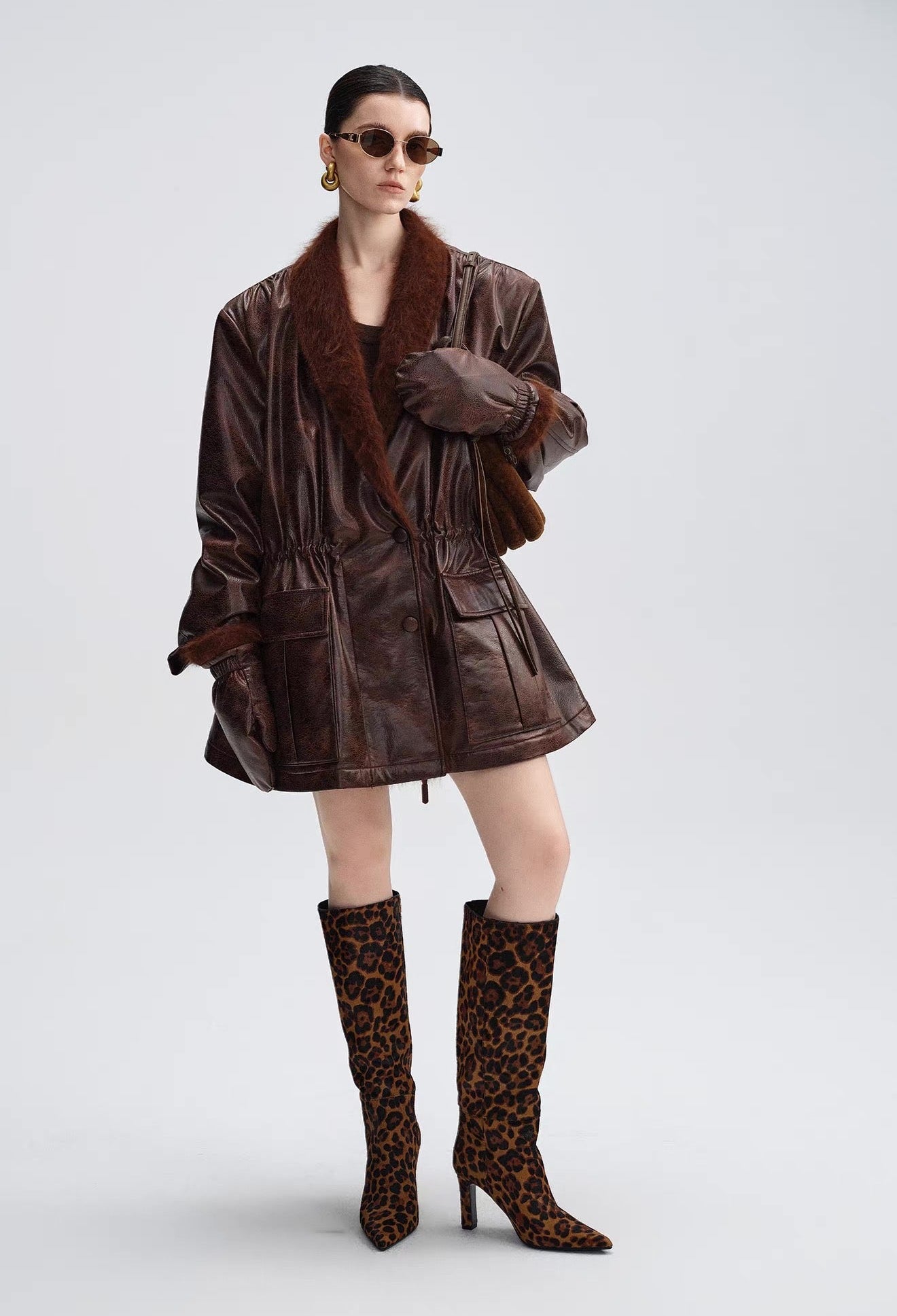 Caramel Brown Down Jacket with Fur Collar