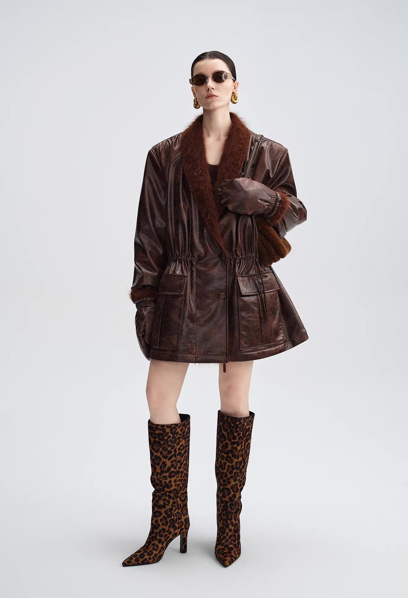 Caramel Brown Down Jacket with Fur Collar