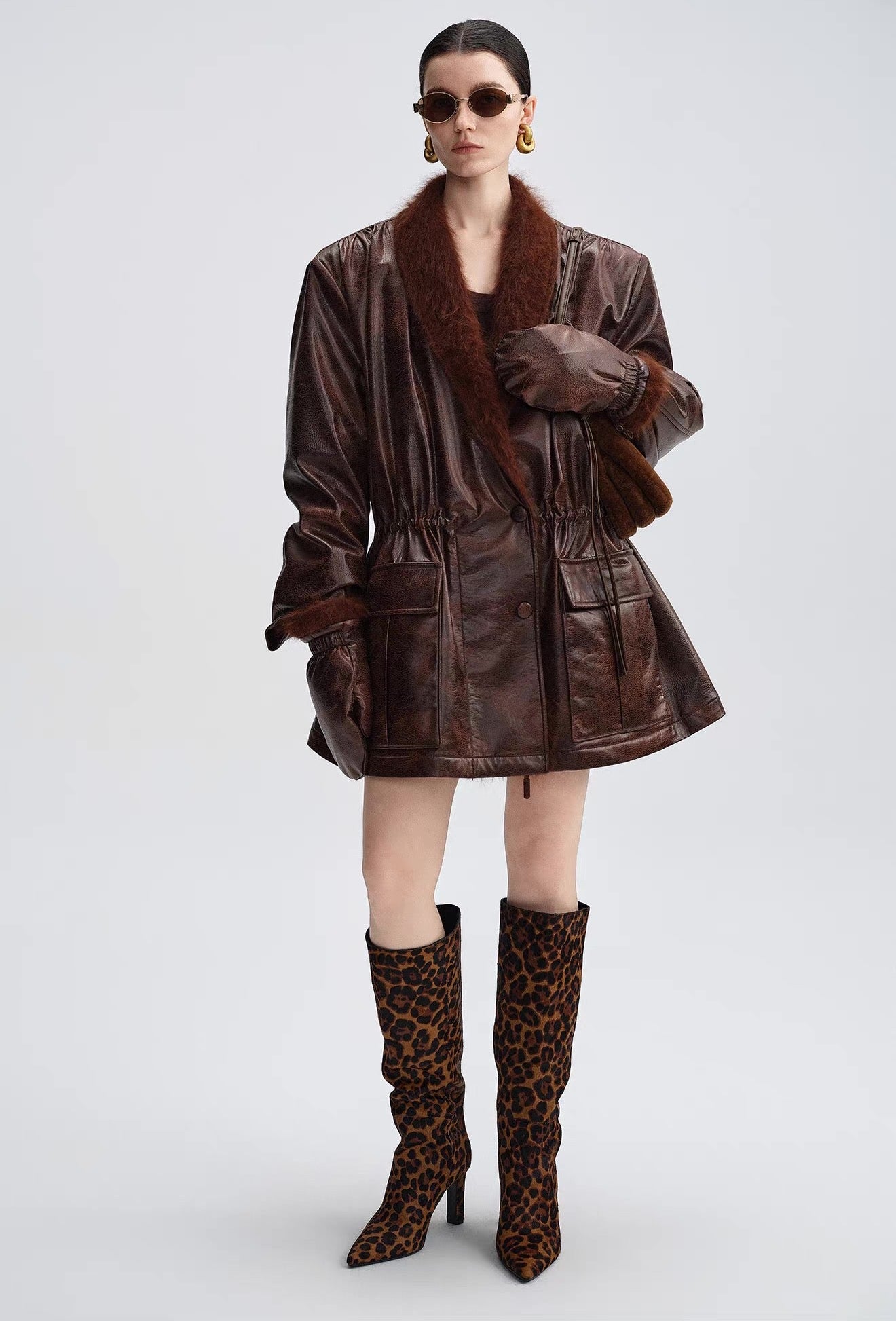 Caramel Brown Down Jacket with Fur Collar