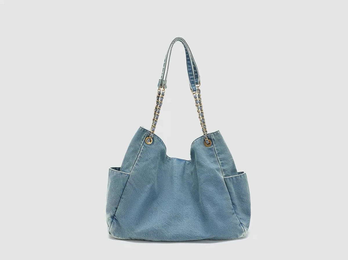 Roos Denim Chain Hobo Bag — closure and hardware detail