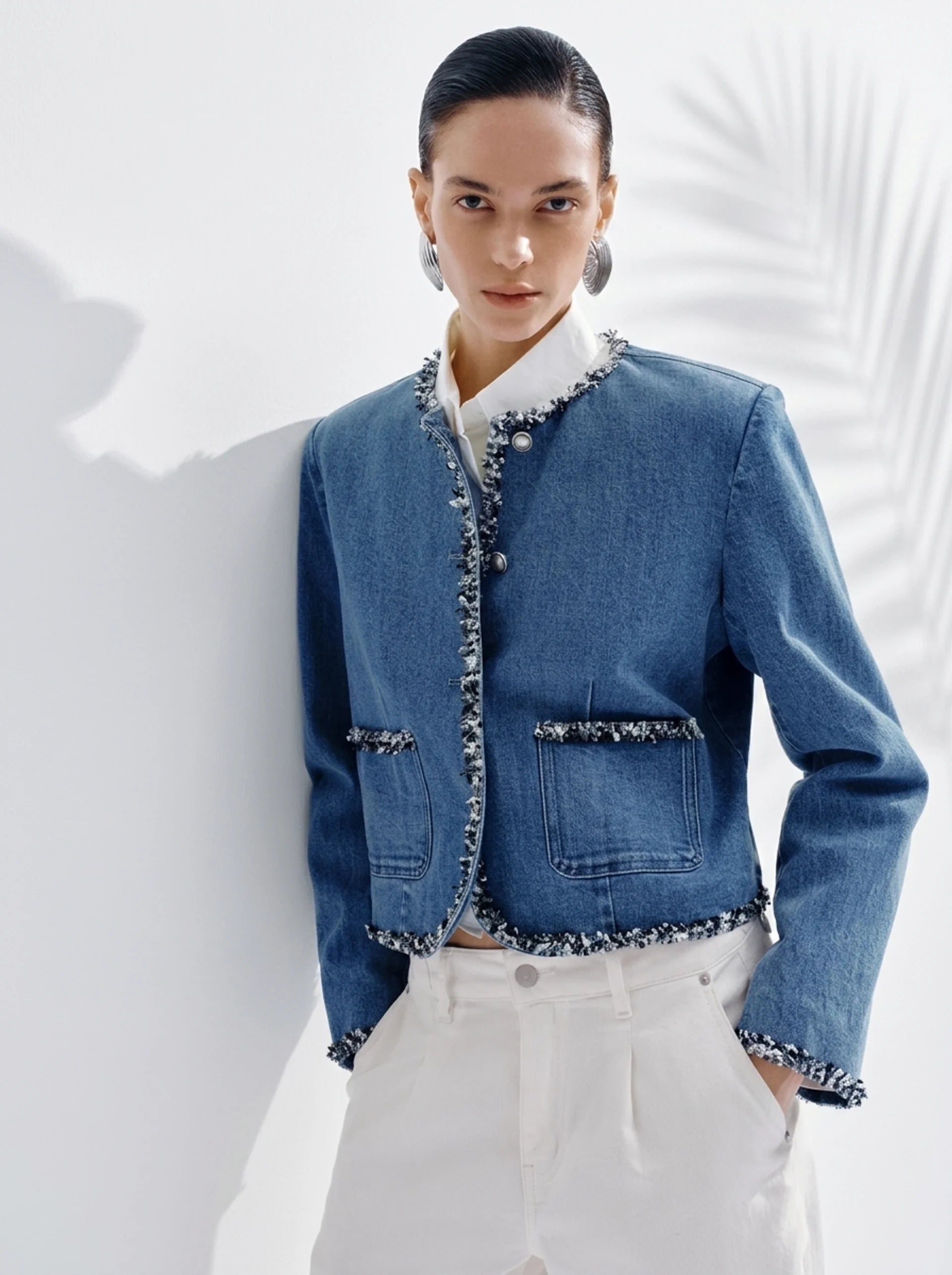 Blue Denim Tweed Trim Jacket