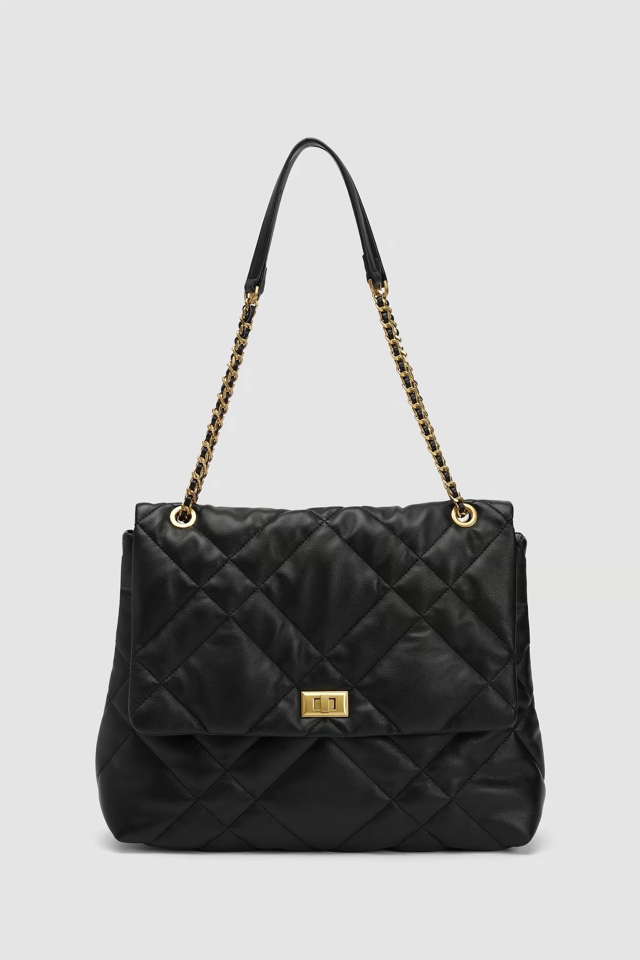 Black Quilted Shoulder Bag - Gold Chain
