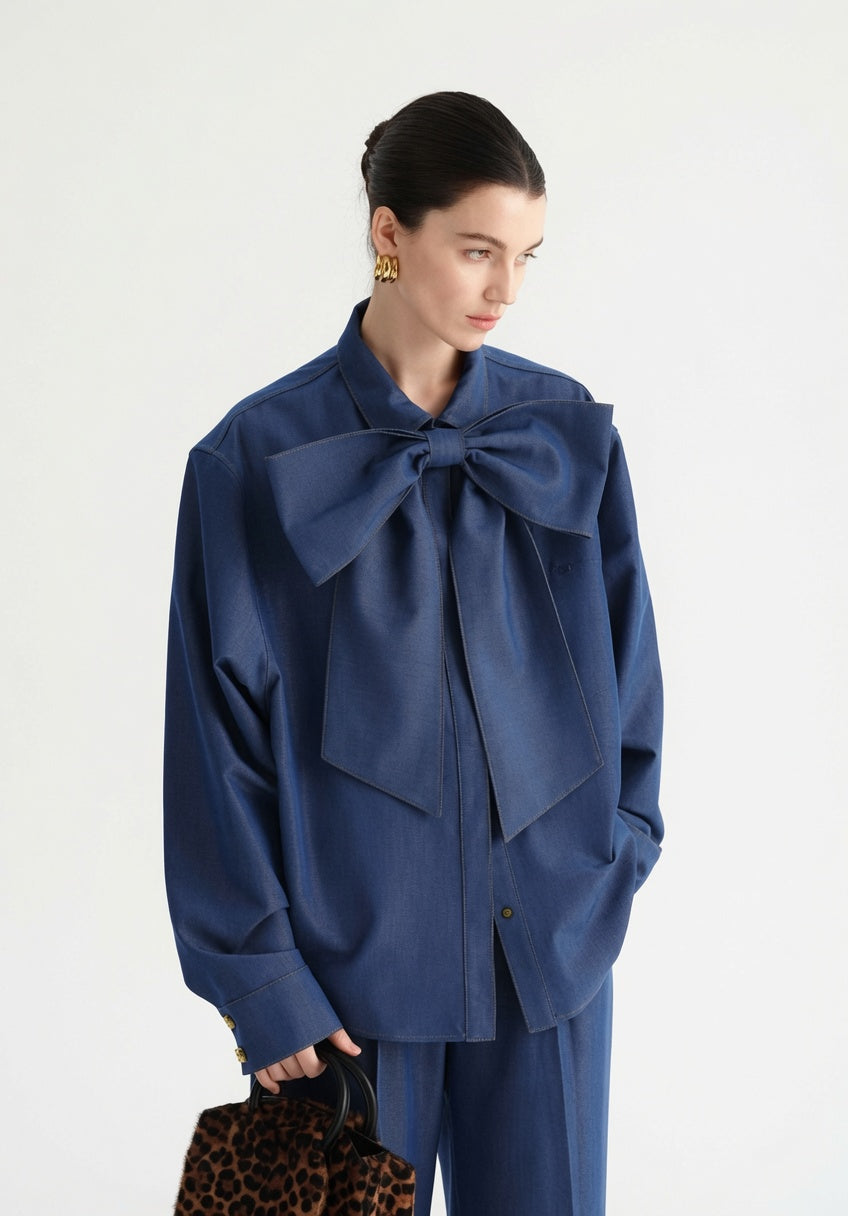 Blue Denim Bow Blouse