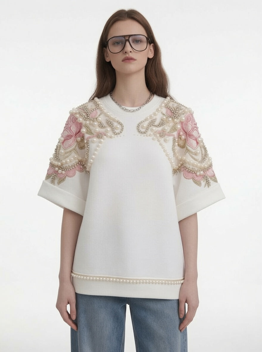 White Floral Print Oversized T-Shirt