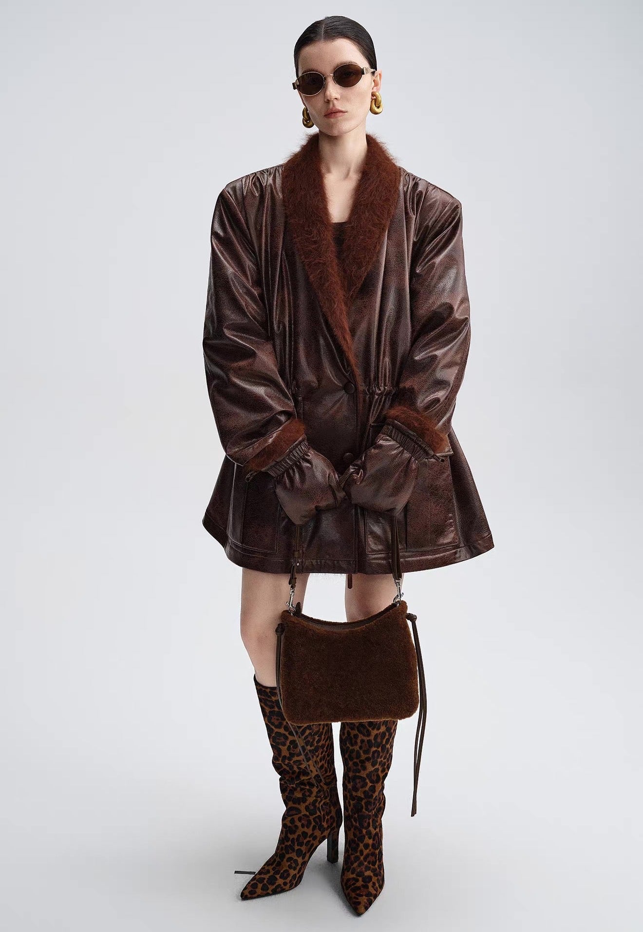 Caramel Brown Down Jacket with Fur Collar