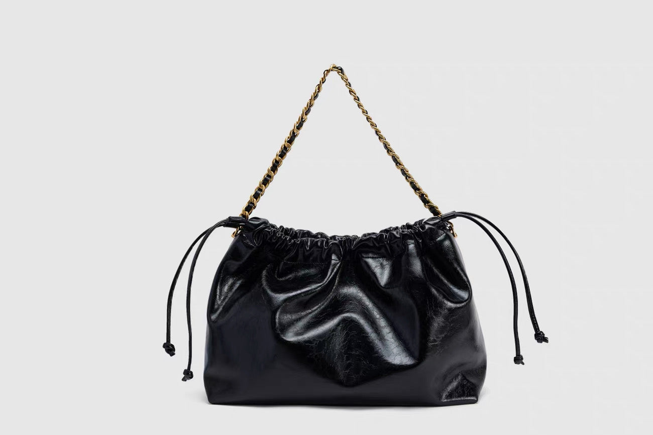 Black Leather Hobo Bag - Gold Chain