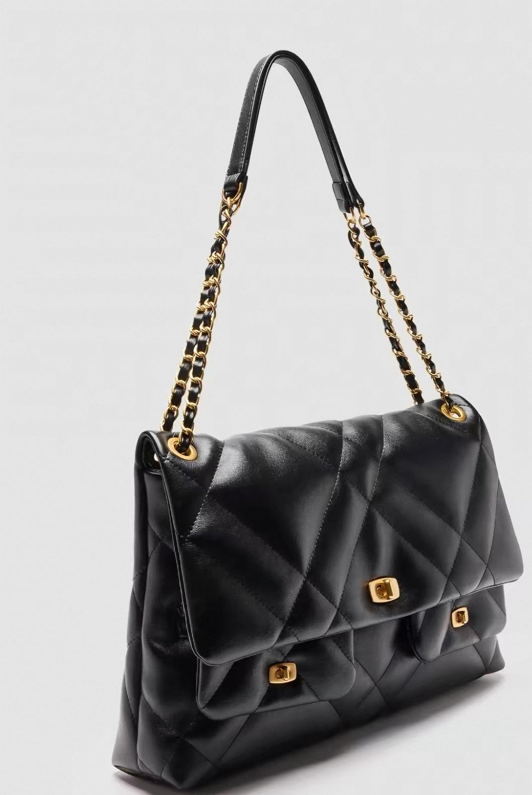 Black Quilted Shoulder Bag - Gold Chain
