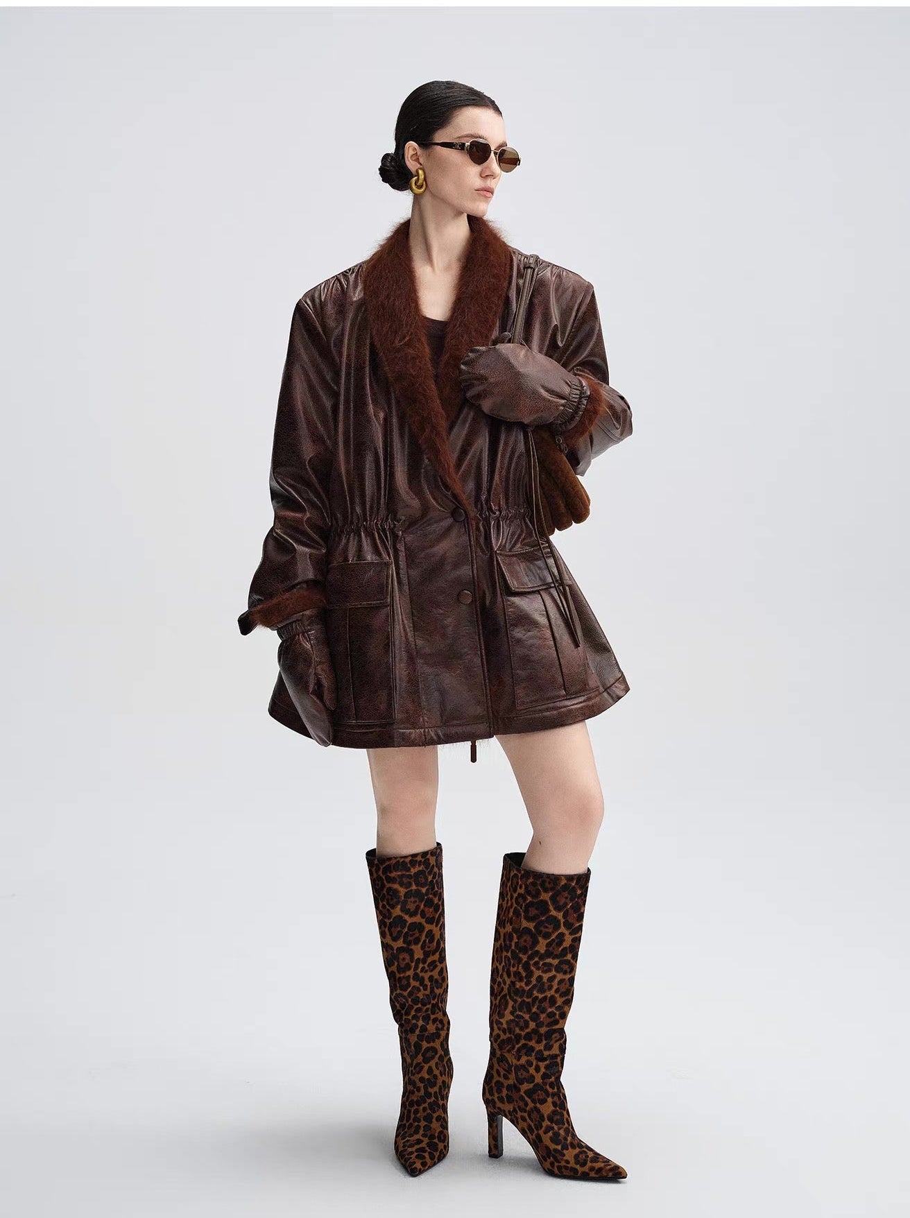 Caramel Brown Down Jacket with Fur Collar
