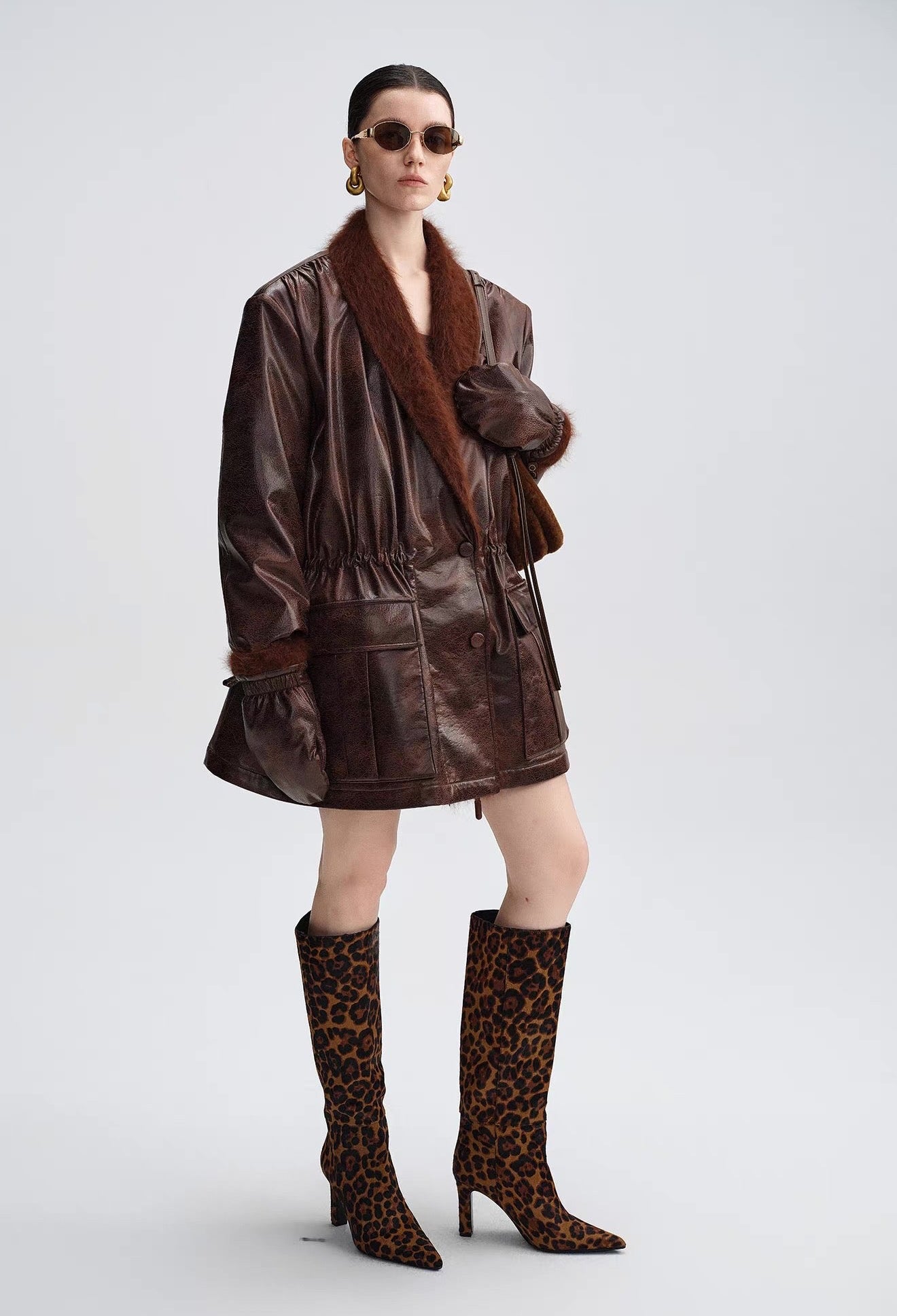 Caramel Brown Down Jacket with Fur Collar