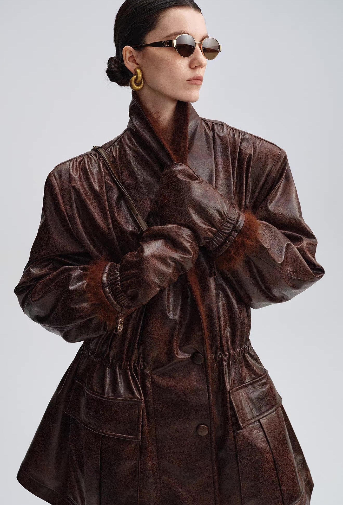Caramel Brown Down Jacket with Fur Collar