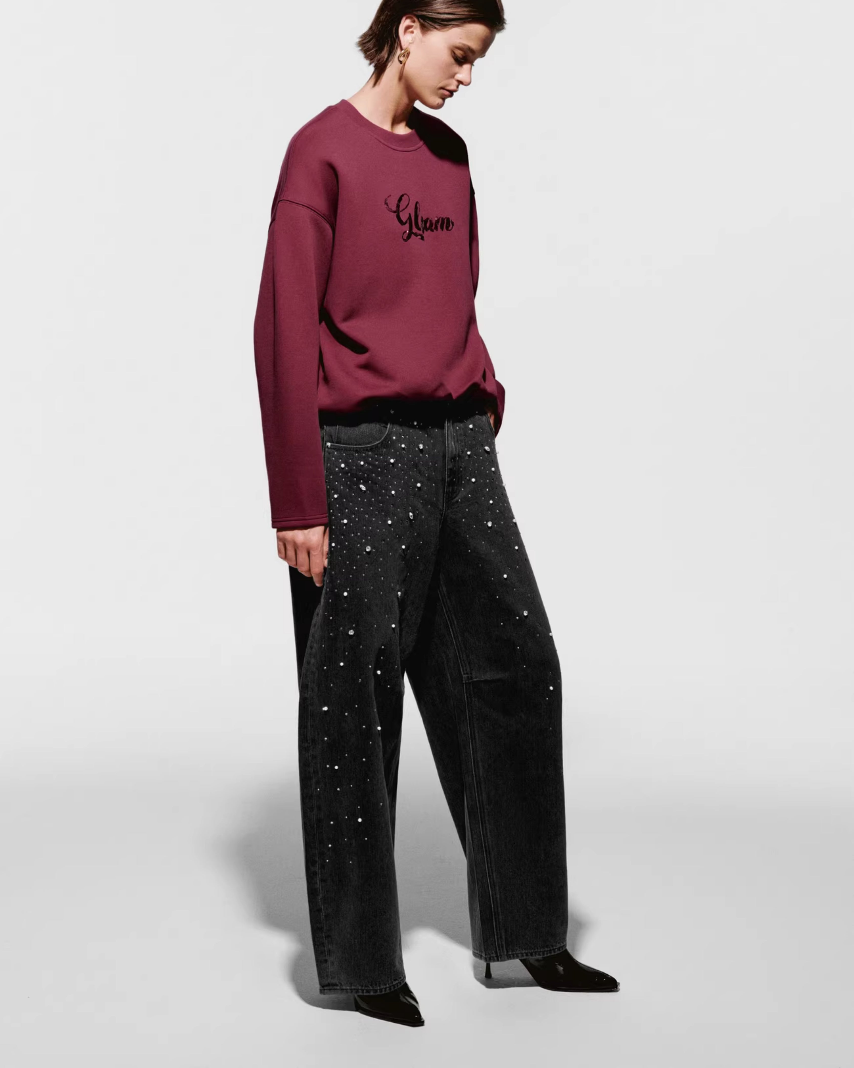 Starry Rhinestone Embellished Wide-Leg Jeans