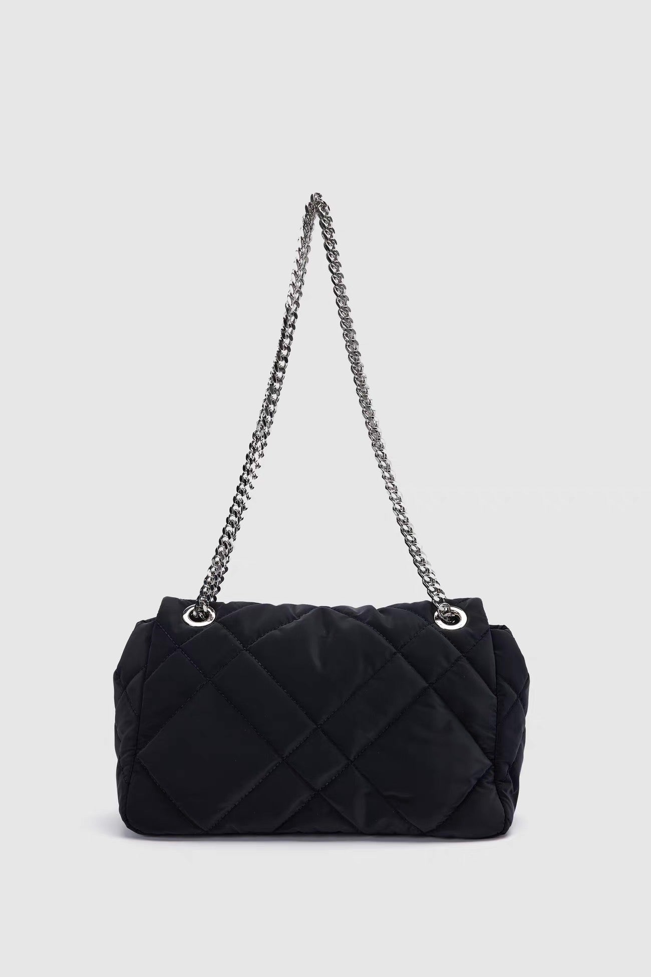 Black Quilted Shoulder Bag - Silver Chain
