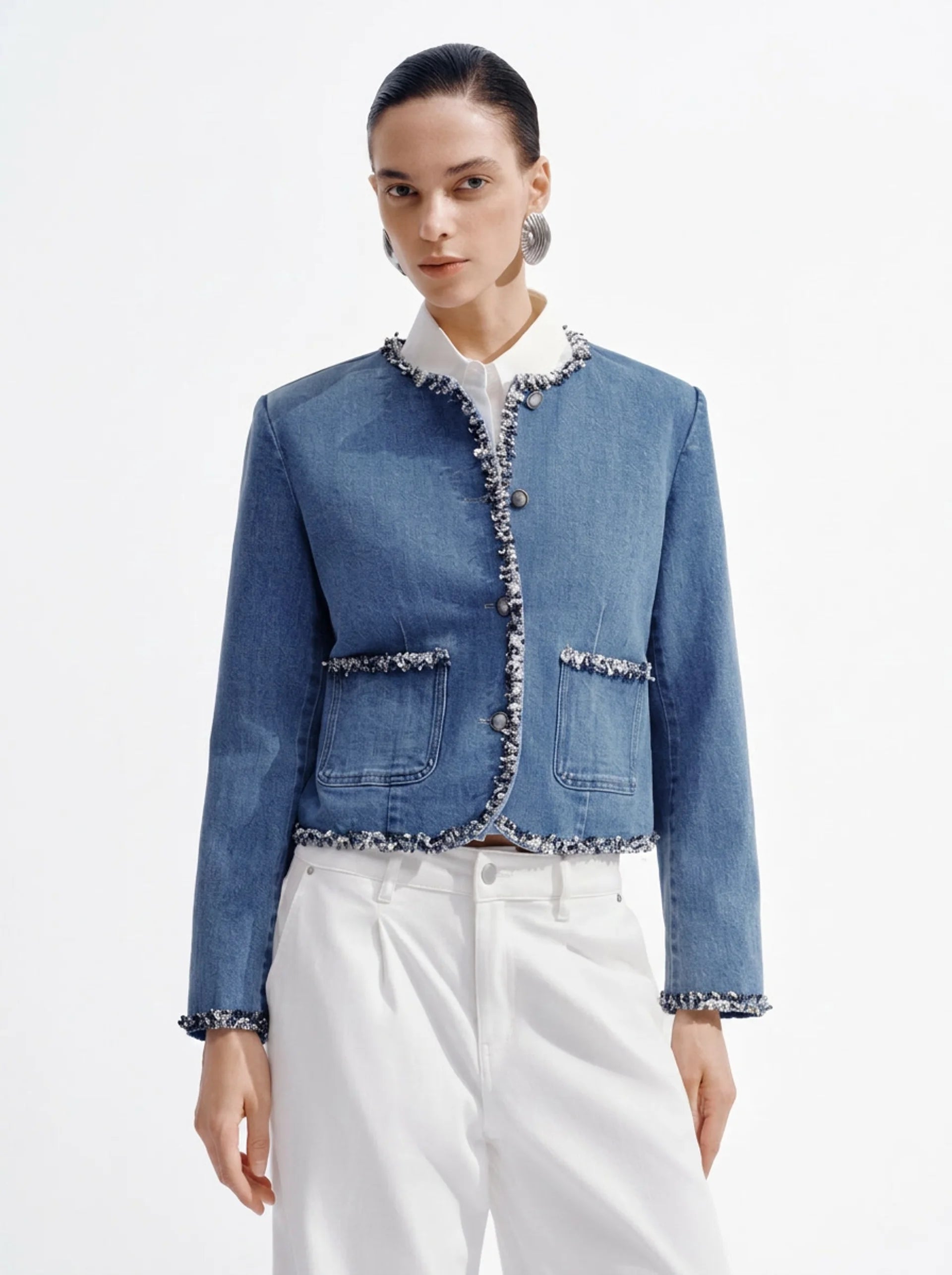 Blue Denim Tweed Trim Jacket