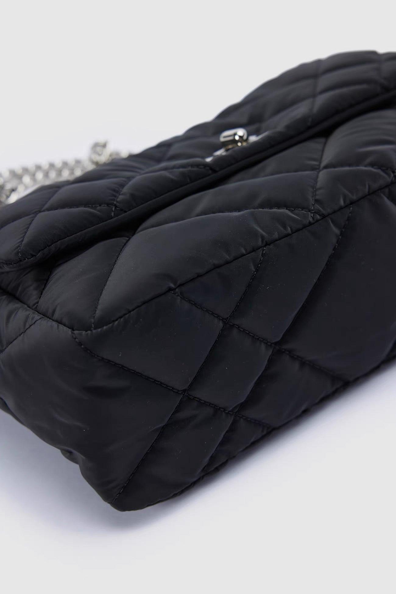 Black Quilted Shoulder Bag - Silver Chain