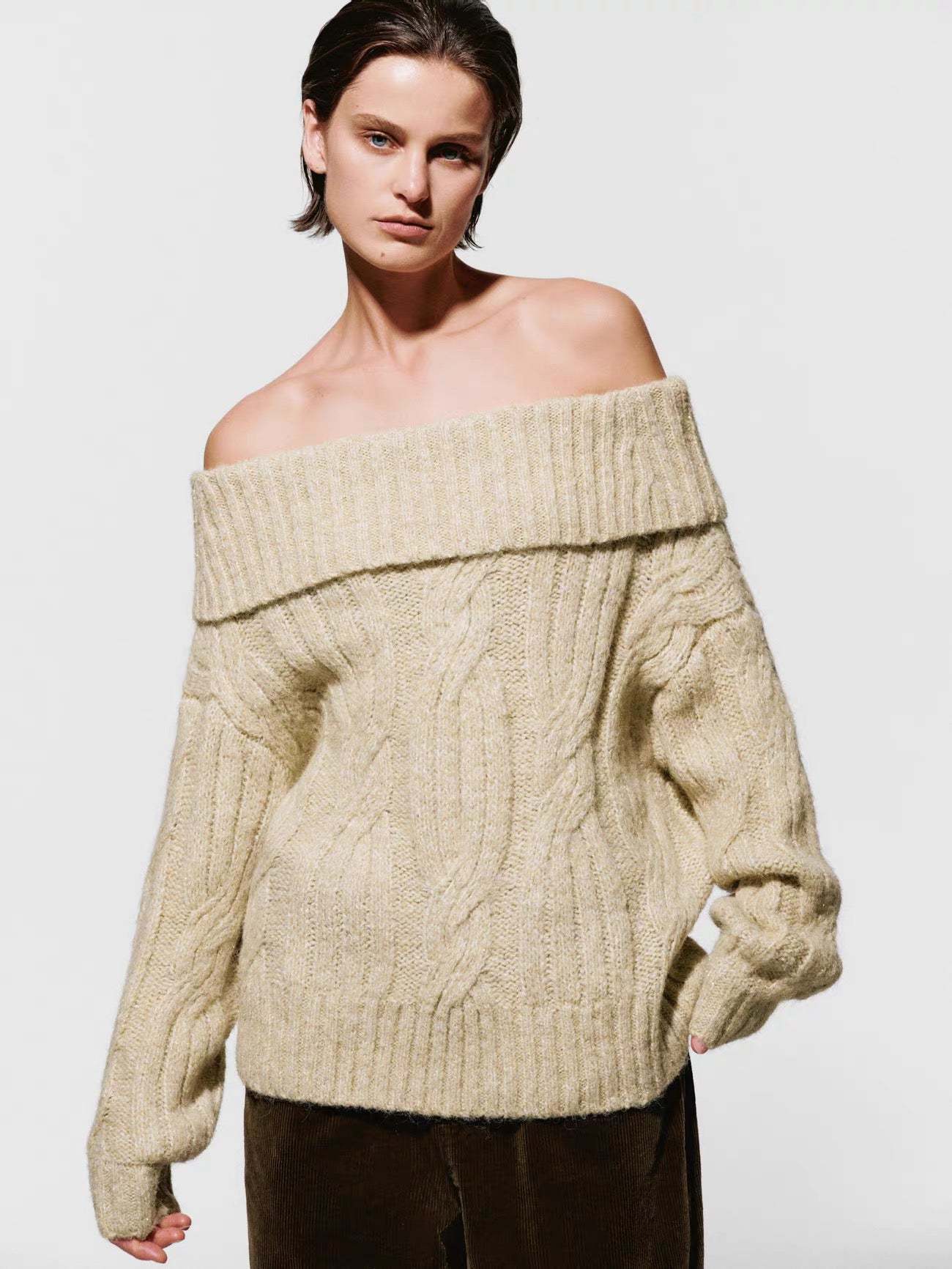 Cozy Off-Shoulder Cable Knit Sweater