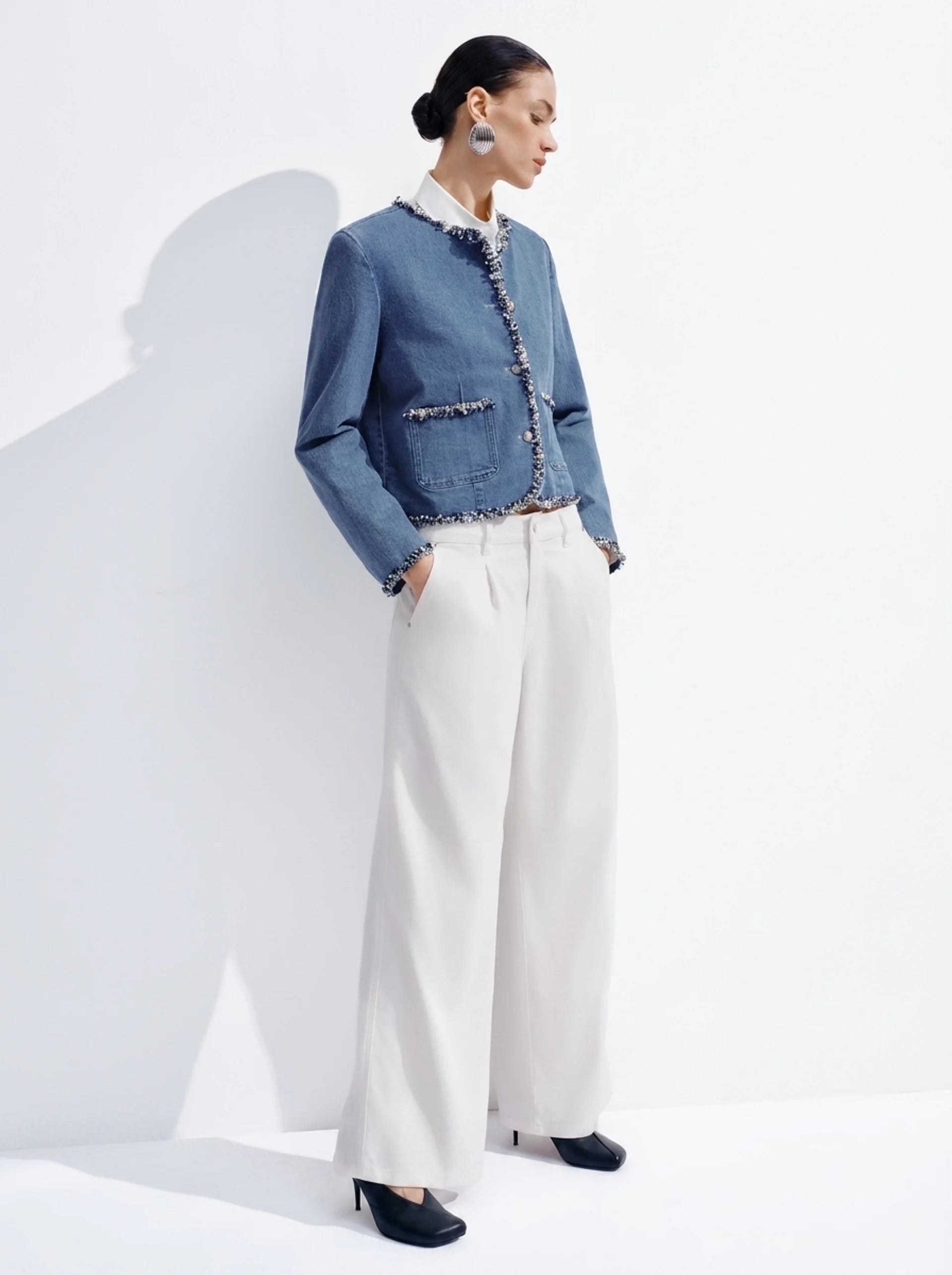 Blue Denim Tweed Trim Jacket
