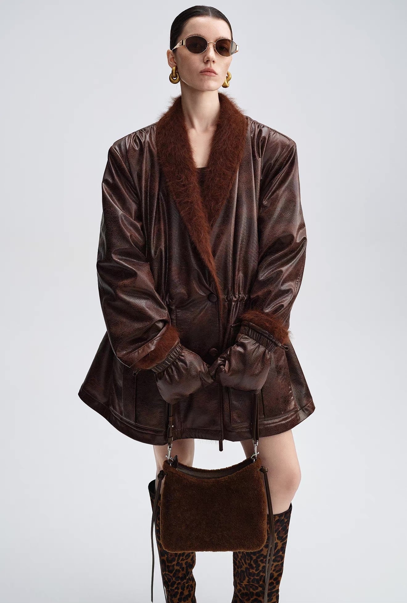 Caramel Brown Down Jacket with Fur Collar