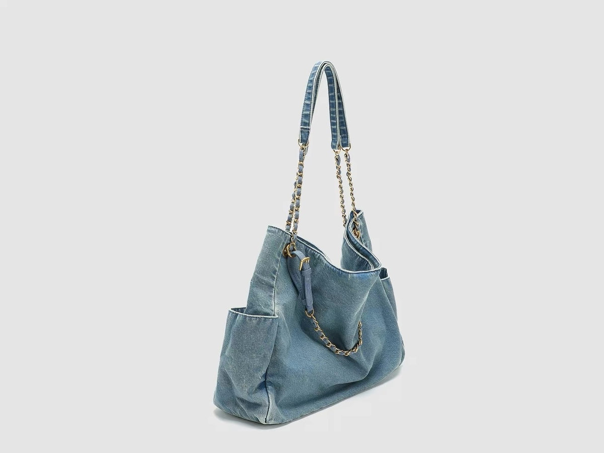 Roos Denim Chain Hobo Bag — side view
