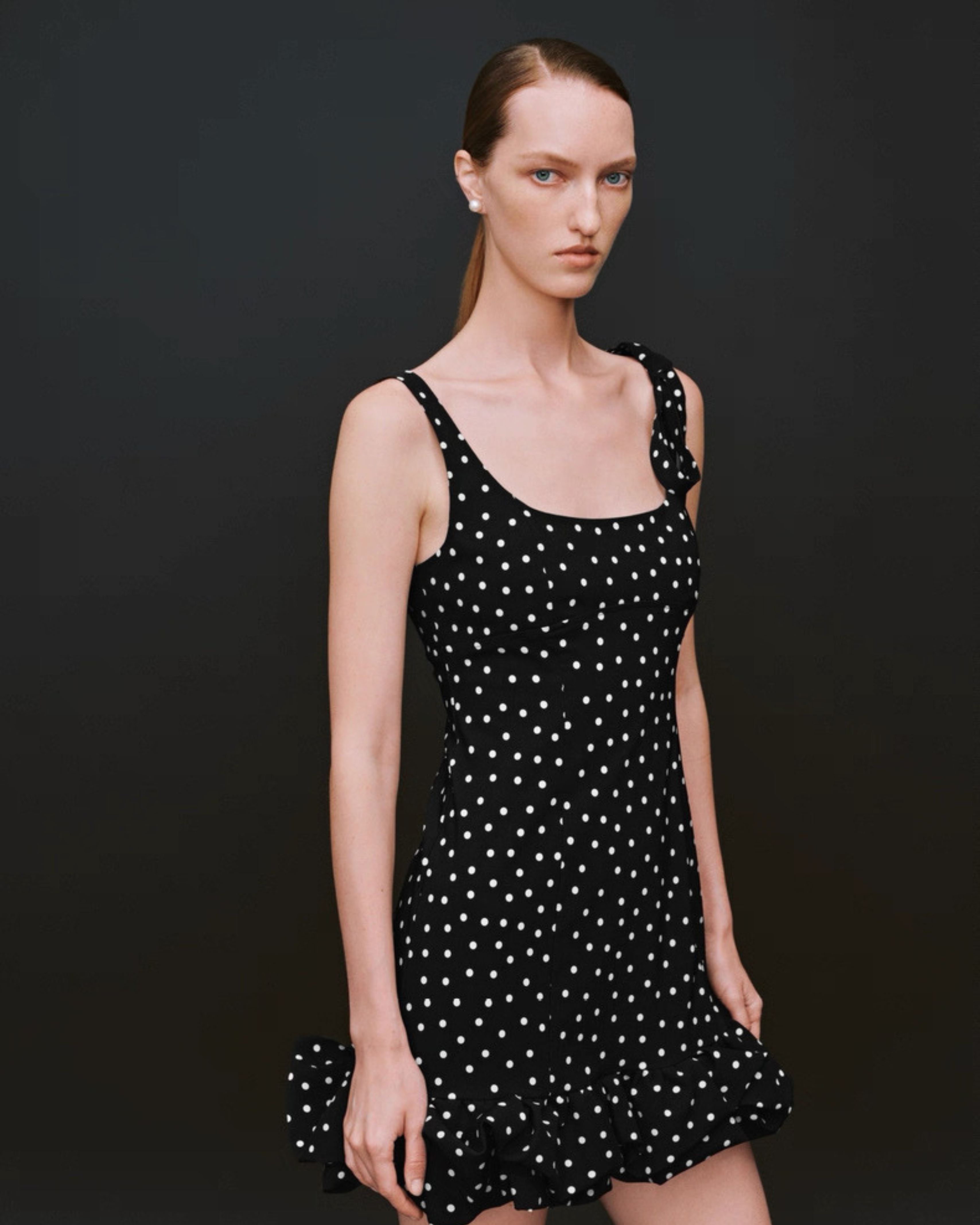 Polka Dot Tie-Shoulder Mini Dress Black