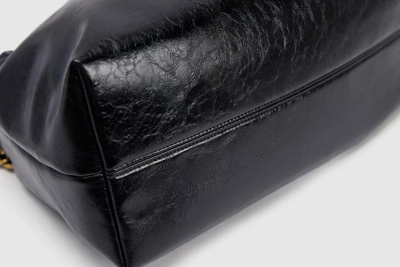 Black Leather Hobo Bag - Gold Chain