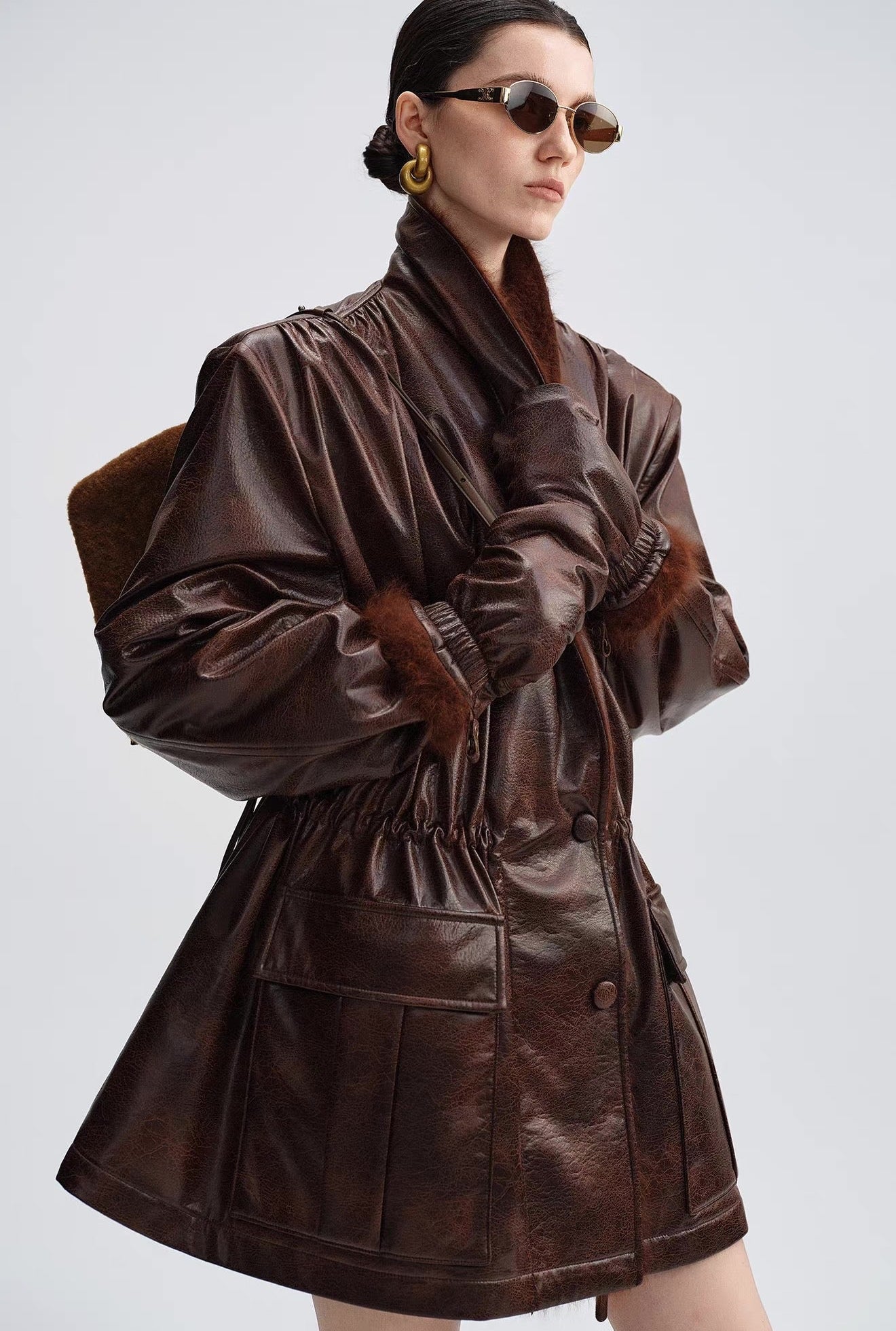 Caramel Brown Down Jacket with Fur Collar