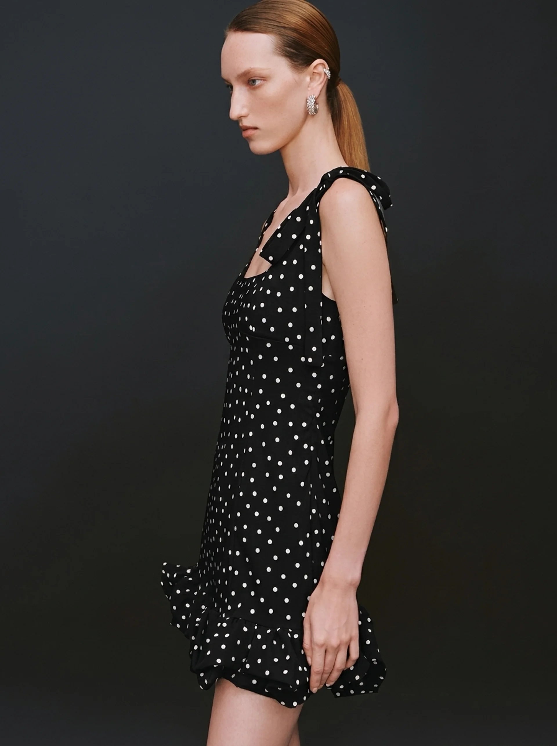 Polka Dot Tie-Shoulder Mini Dress Black