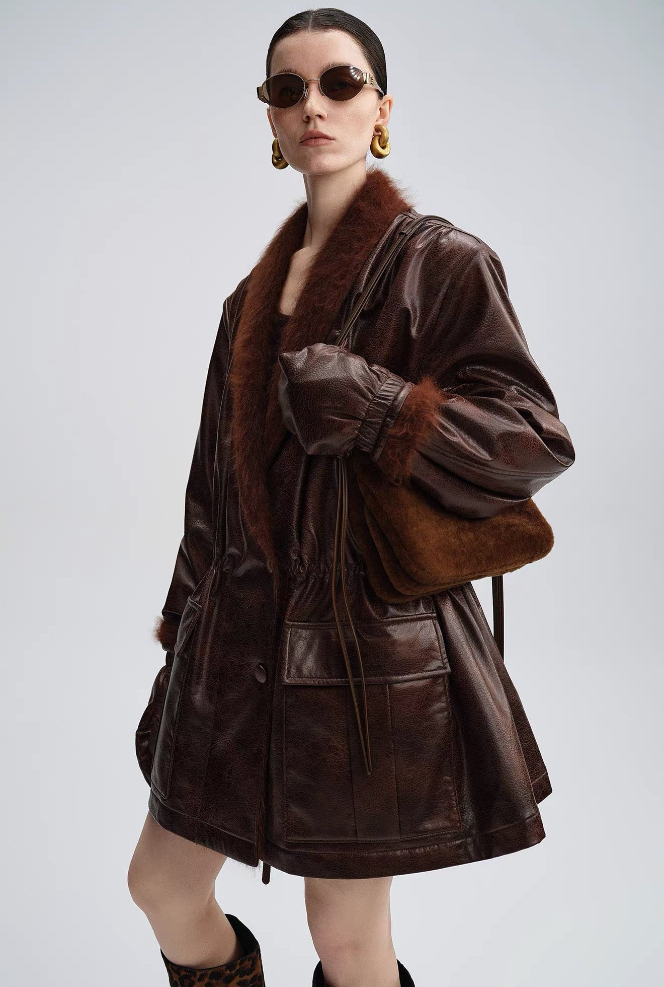 Caramel Brown Down Jacket with Fur Collar