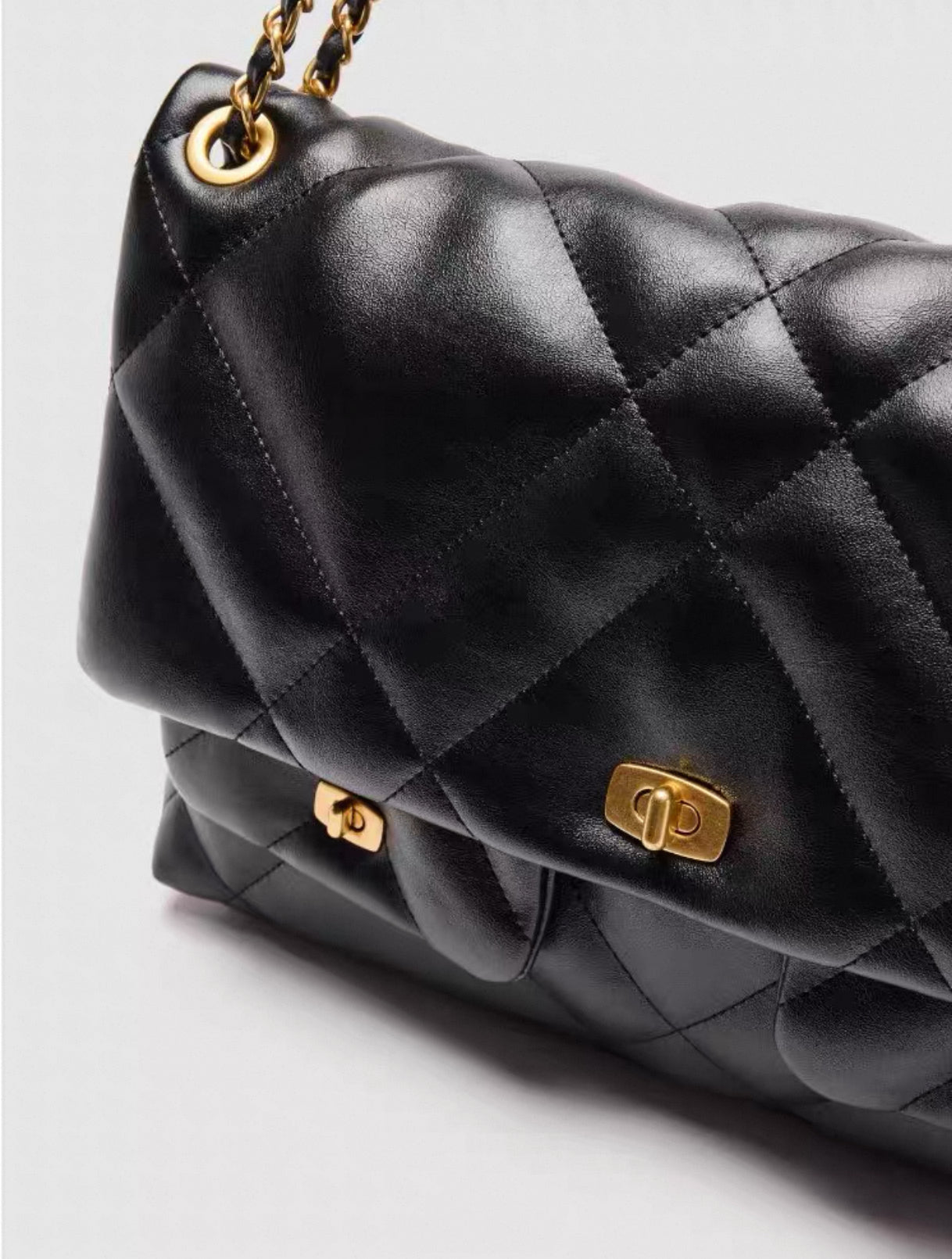 Black Quilted Shoulder Bag - Gold Chain