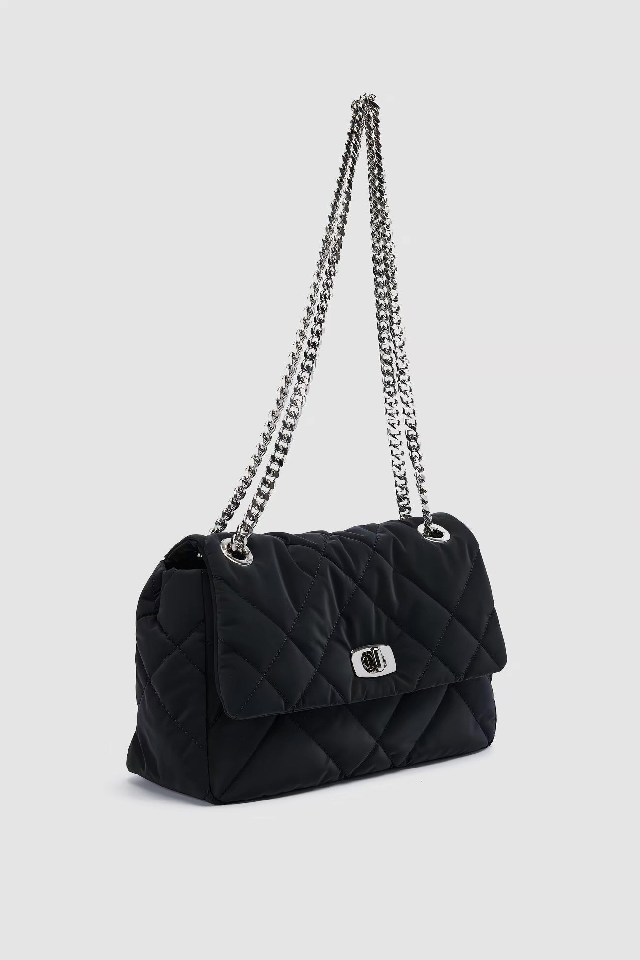 Black Quilted Shoulder Bag - Silver Chain