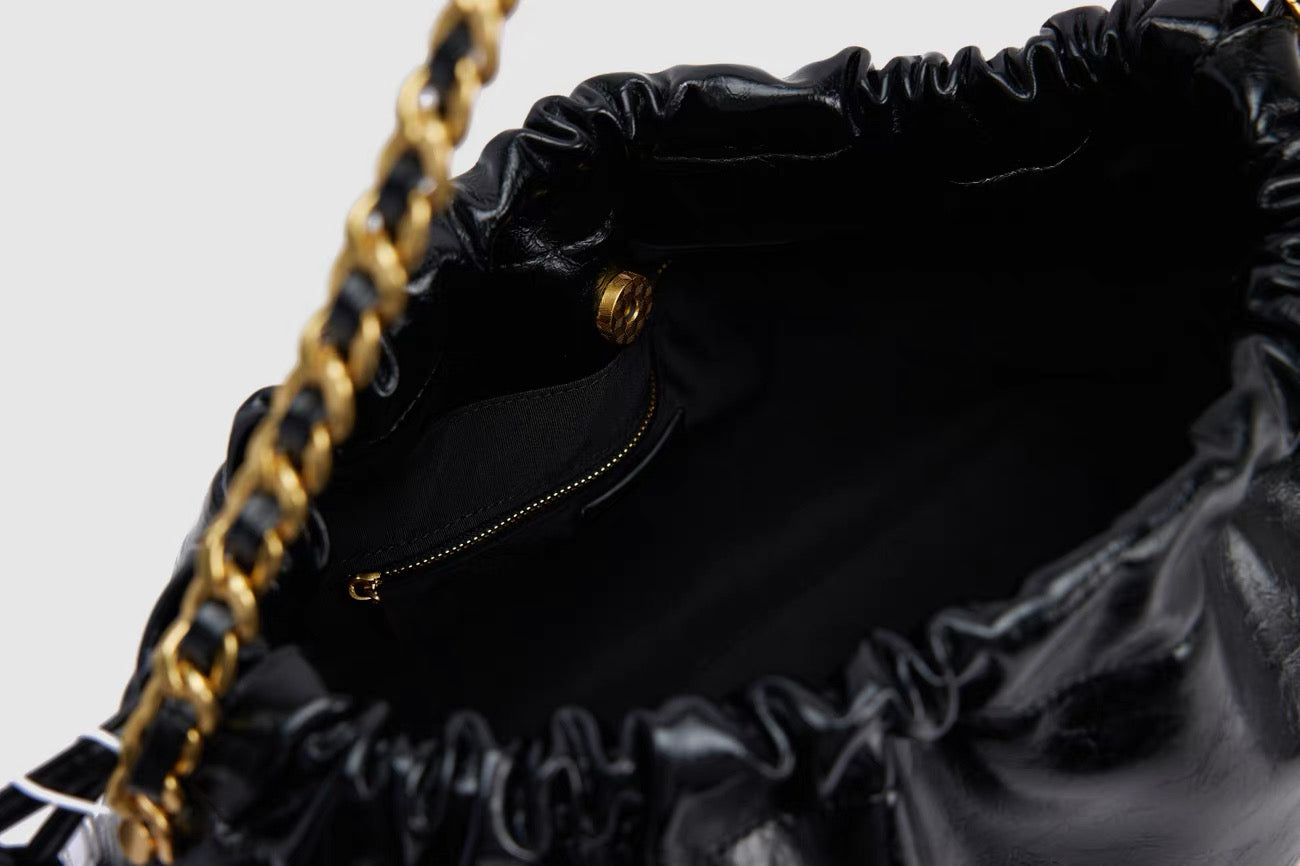 Black Leather Hobo Bag - Gold Chain