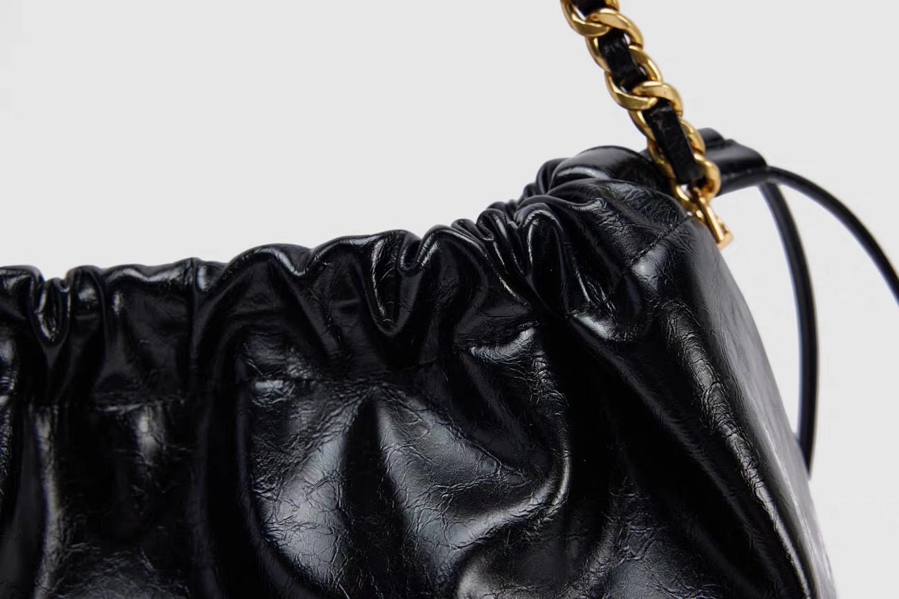 Black Leather Hobo Bag - Gold Chain