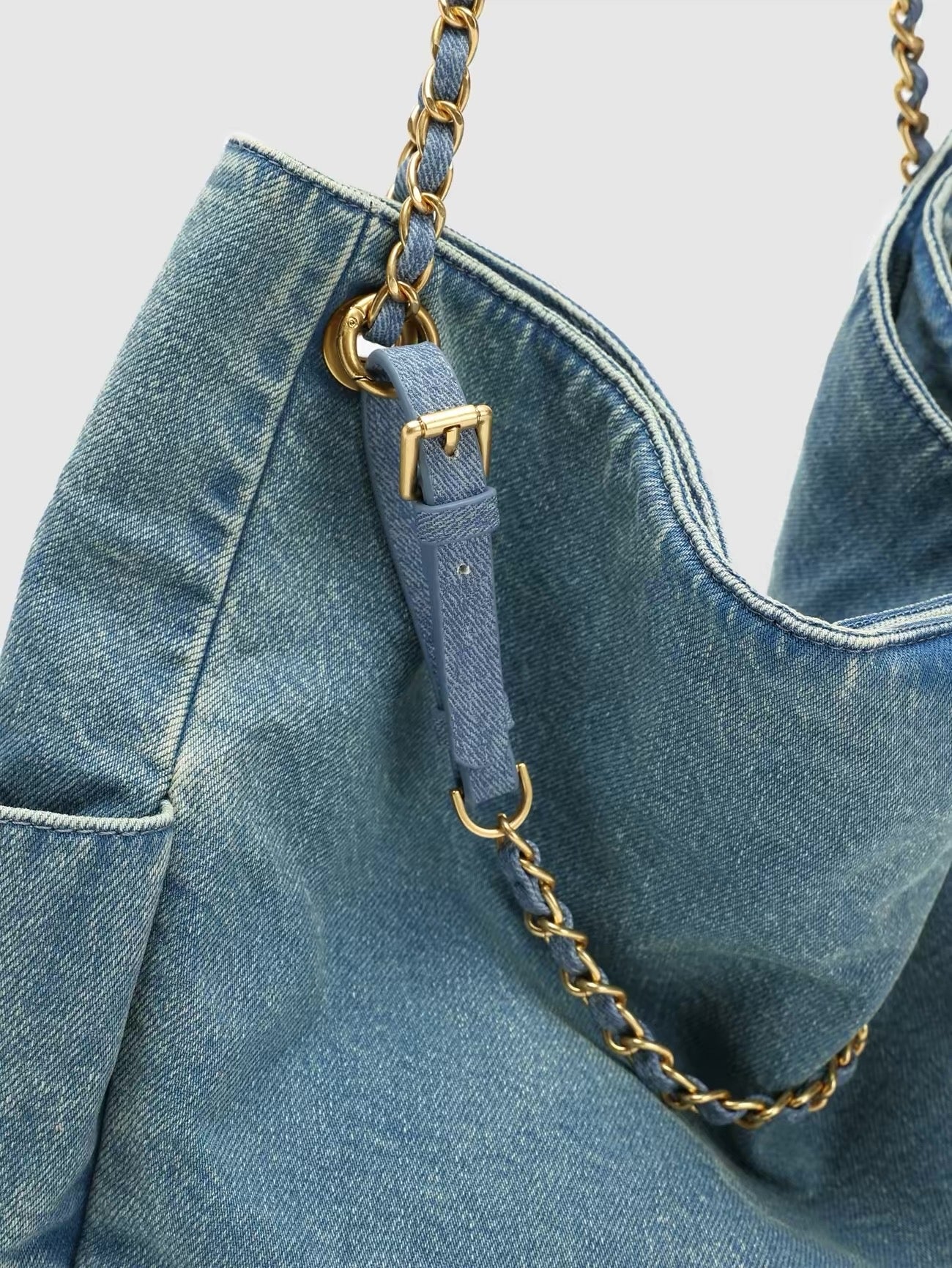 Light Blue Denim Gold Chain Shoulder Bag