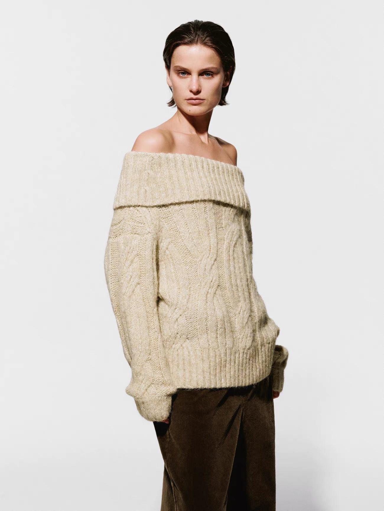 Cozy Off-Shoulder Cable Knit Sweater