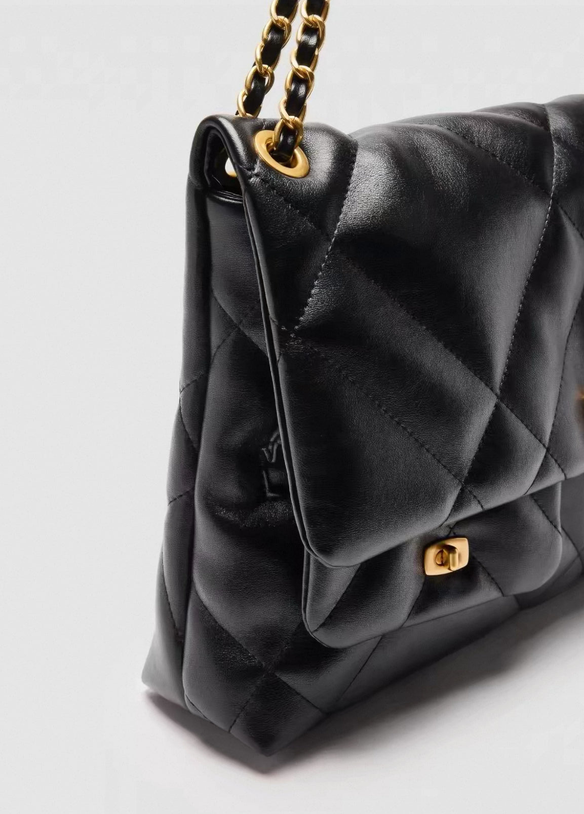 Black Quilted Shoulder Bag - Gold Chain