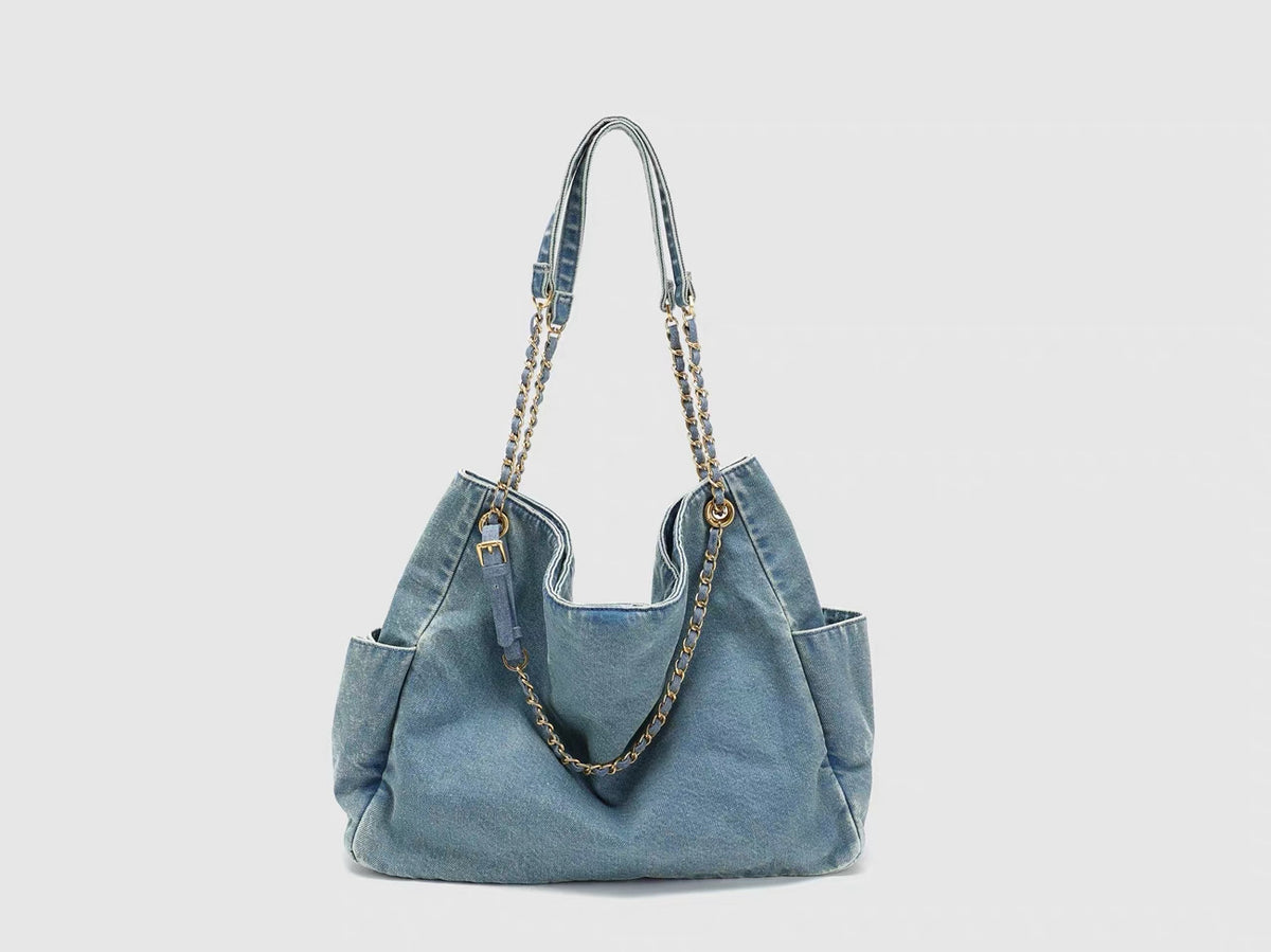 Roos Denim Chain Hobo Bag — front view