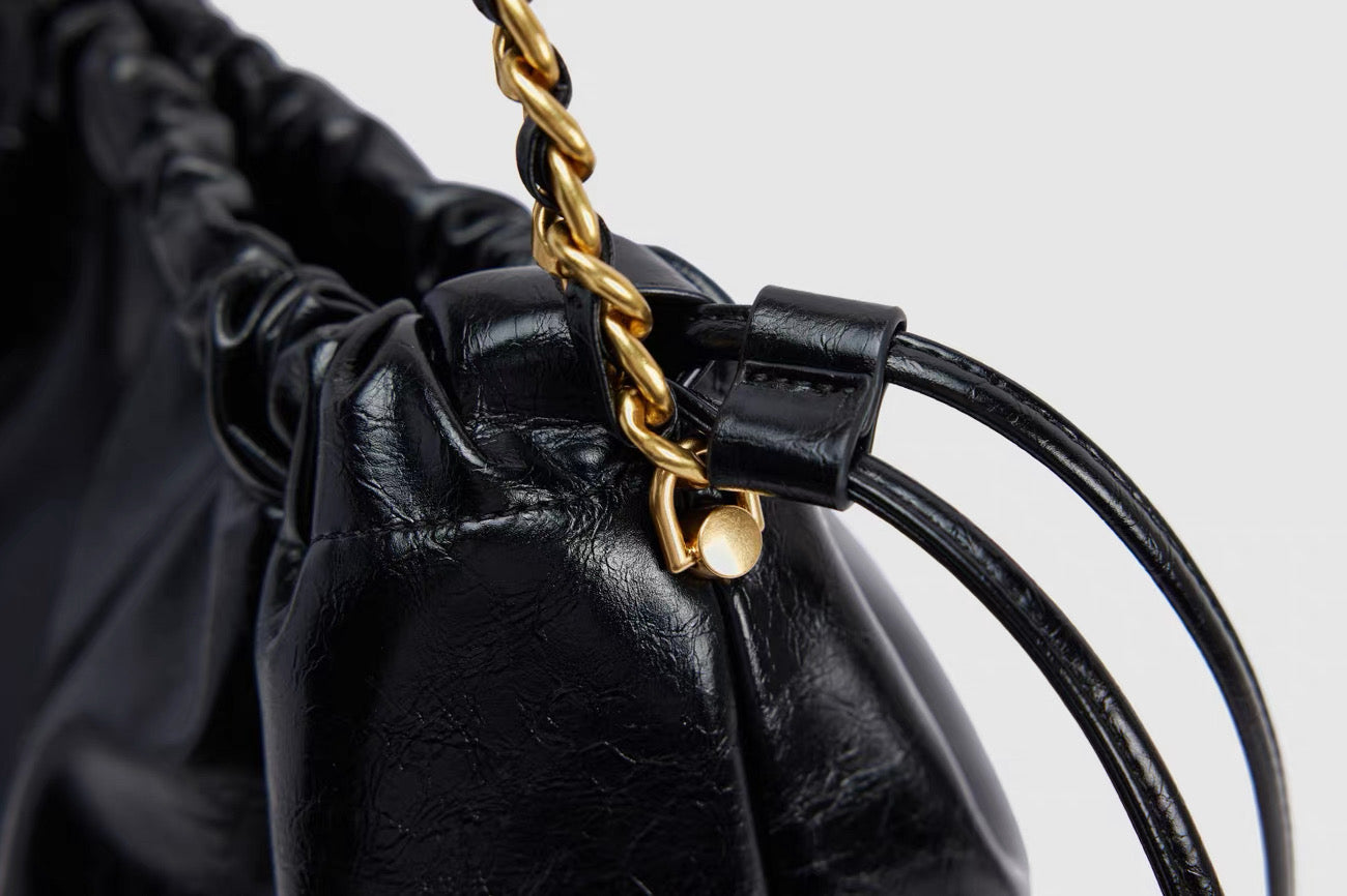 Black Leather Hobo Bag - Gold Chain