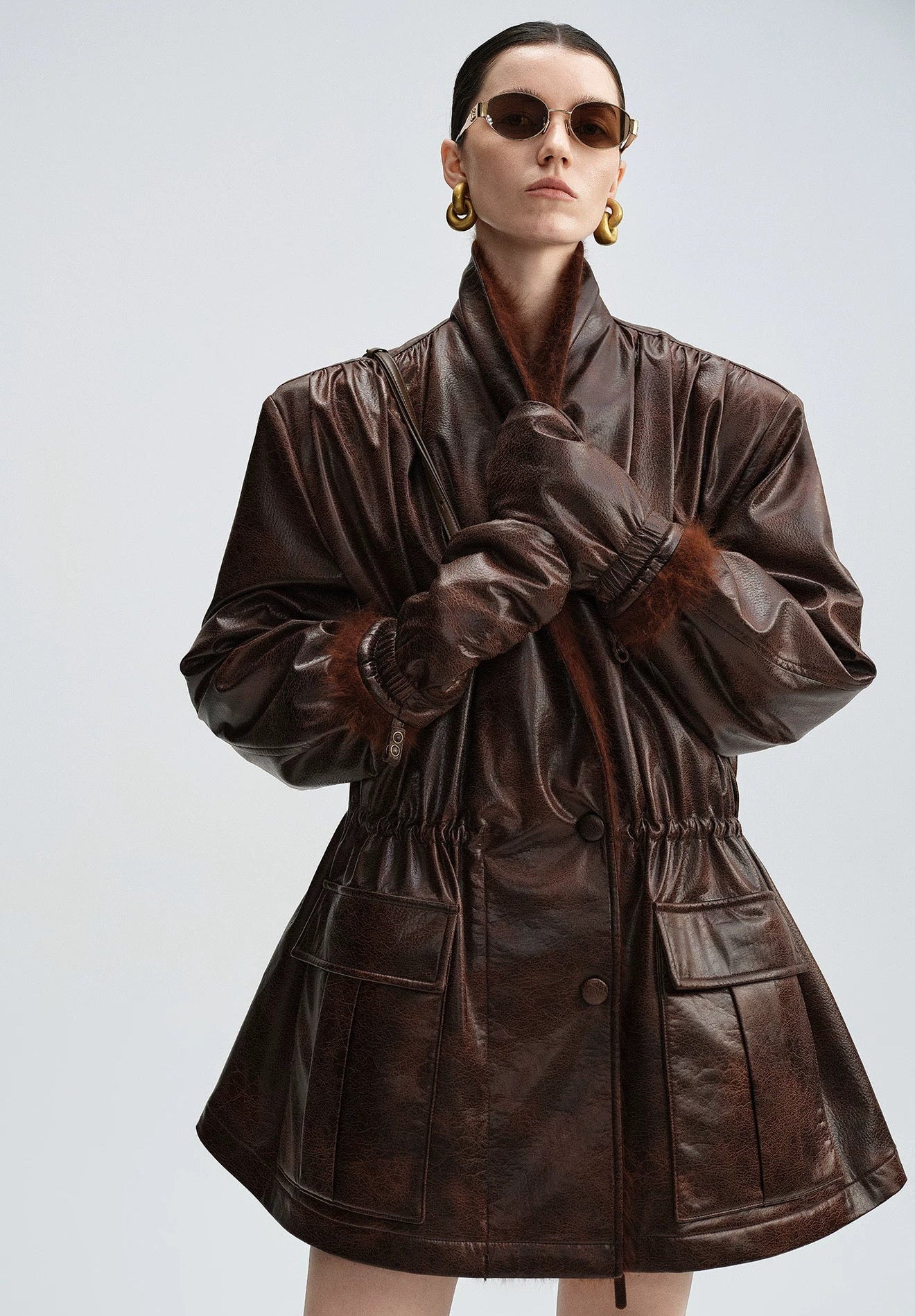 Caramel Brown Down Jacket with Fur Collar