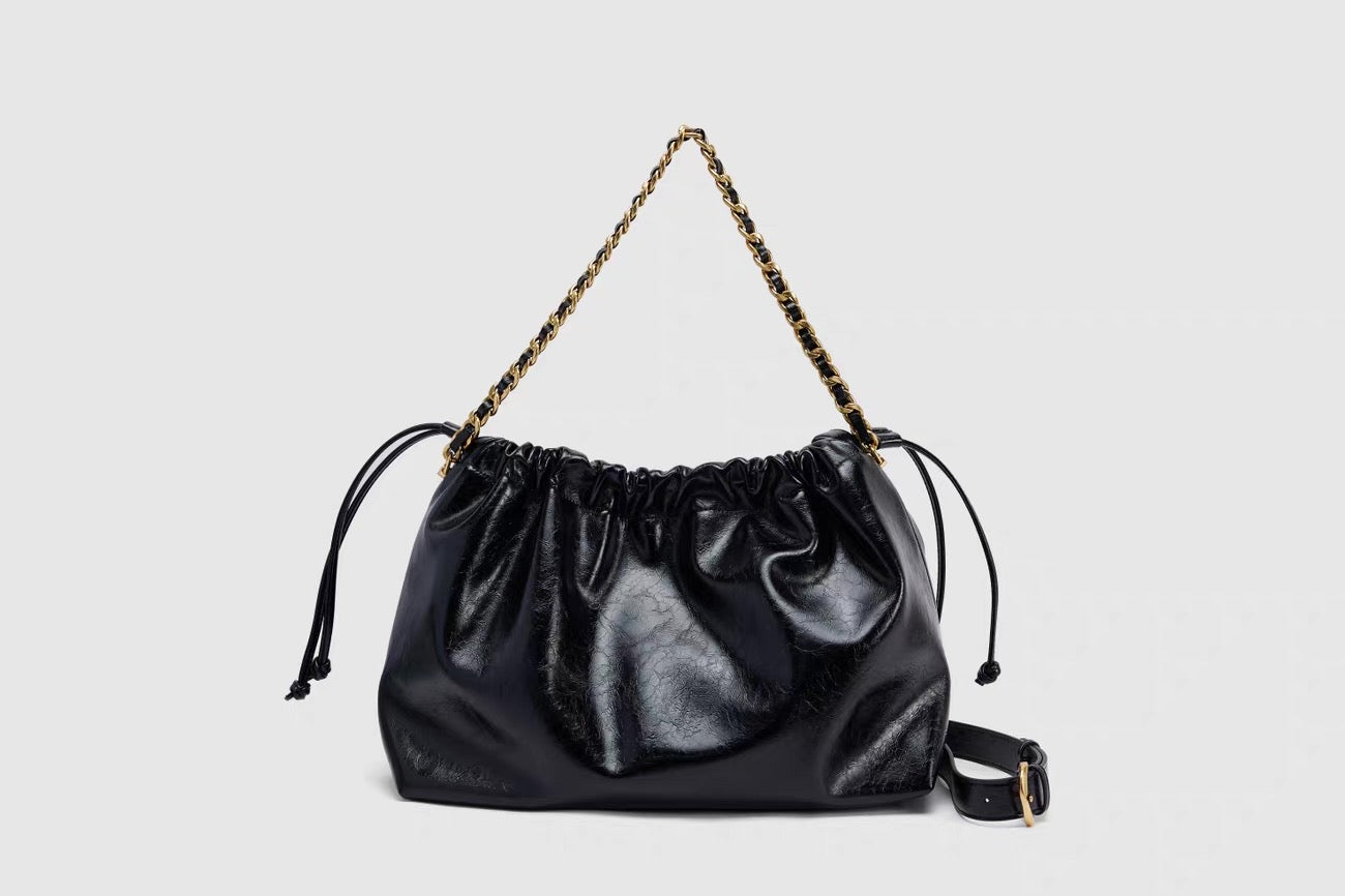 Black Leather Hobo Bag - Gold Chain